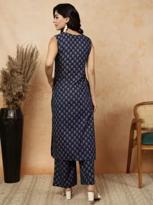 Sleeveless Cotton Printed Kurta with Matching Pants
