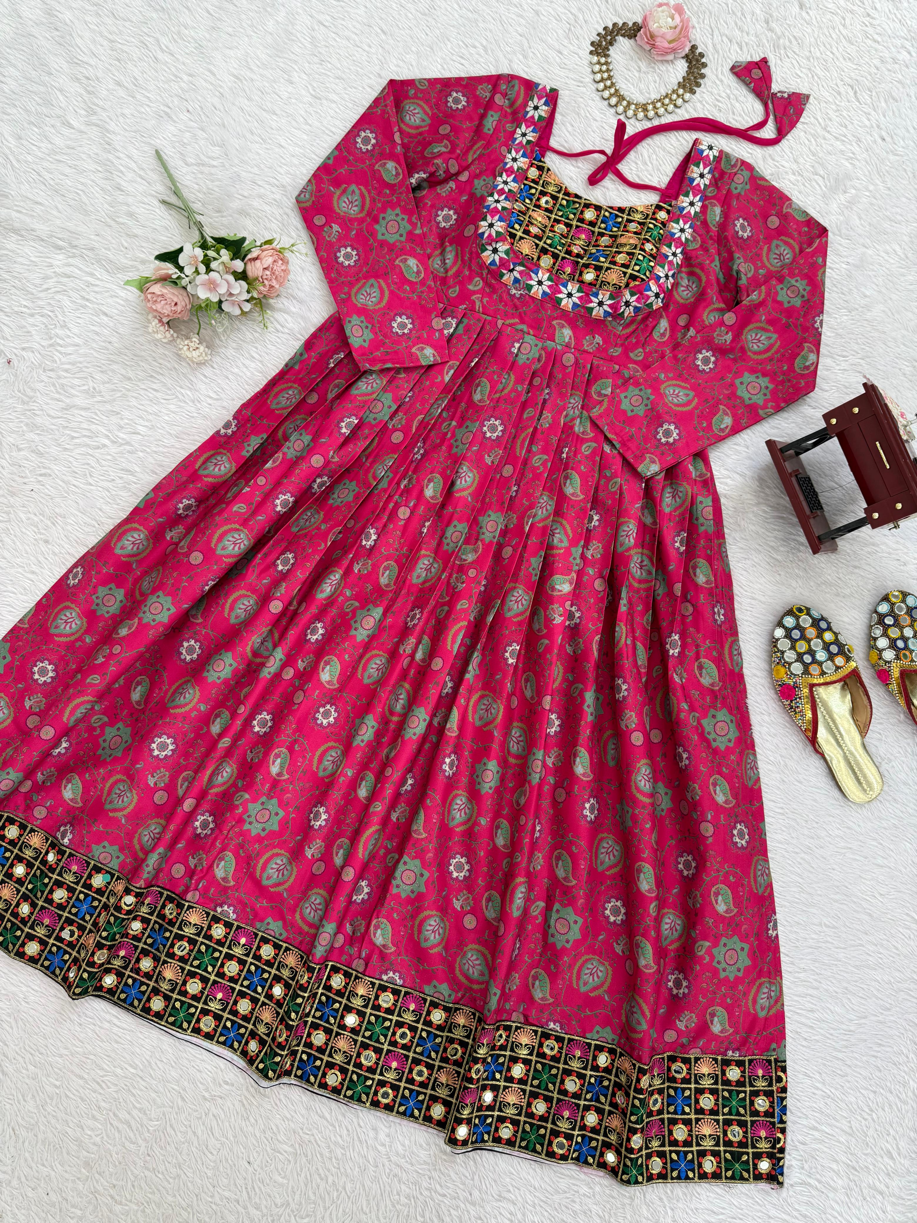 Elegant Fuchsia Pink Mirror Work Anarkali Gown with Intricate Embroidery