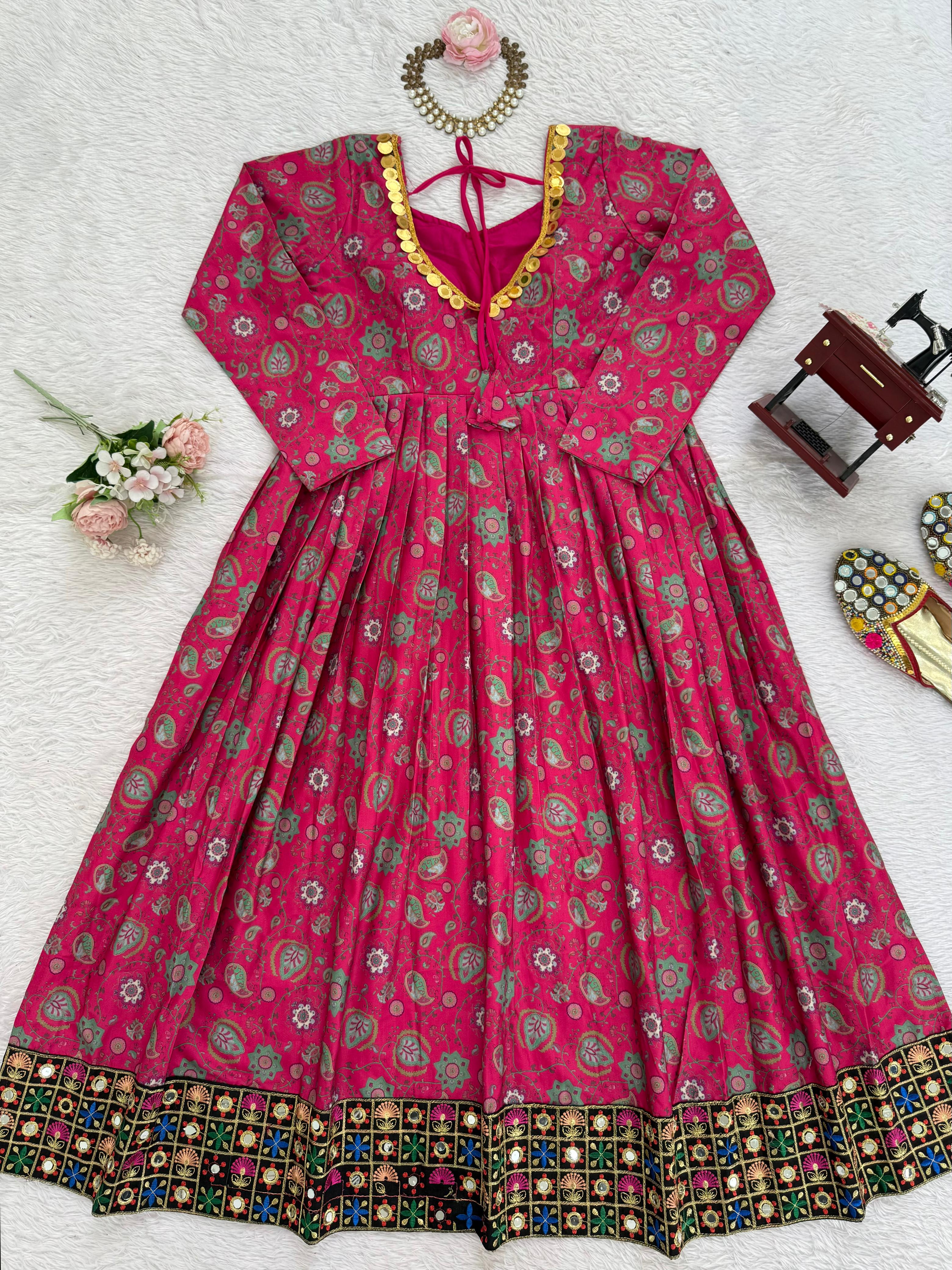 Elegant Fuchsia Pink Mirror Work Anarkali Gown with Intricate Embroidery