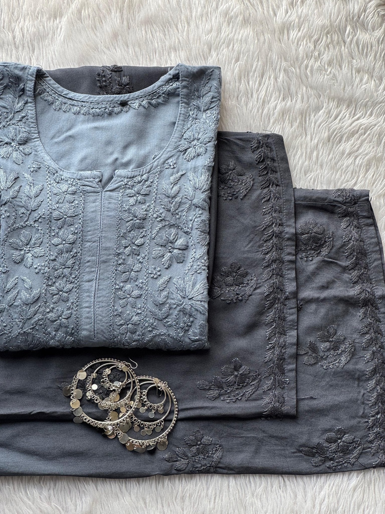 CHIKANKARI OFFICIAL 34 / grey Handcrafted Chikan Rayon kurti with plazo Combo