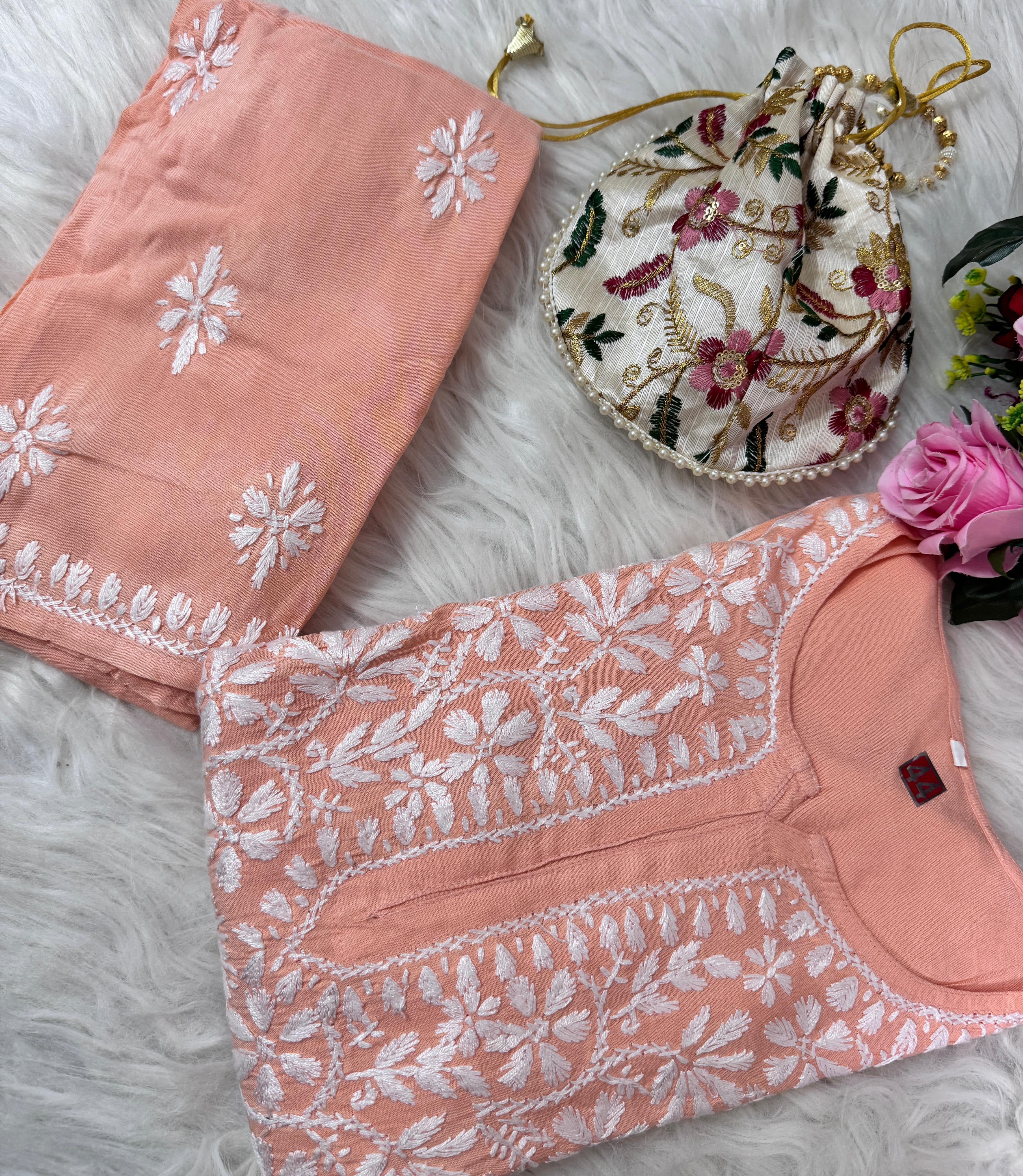 Chikankari Official 36 / peach Santoshi Special Chikan Daman Co ord Set