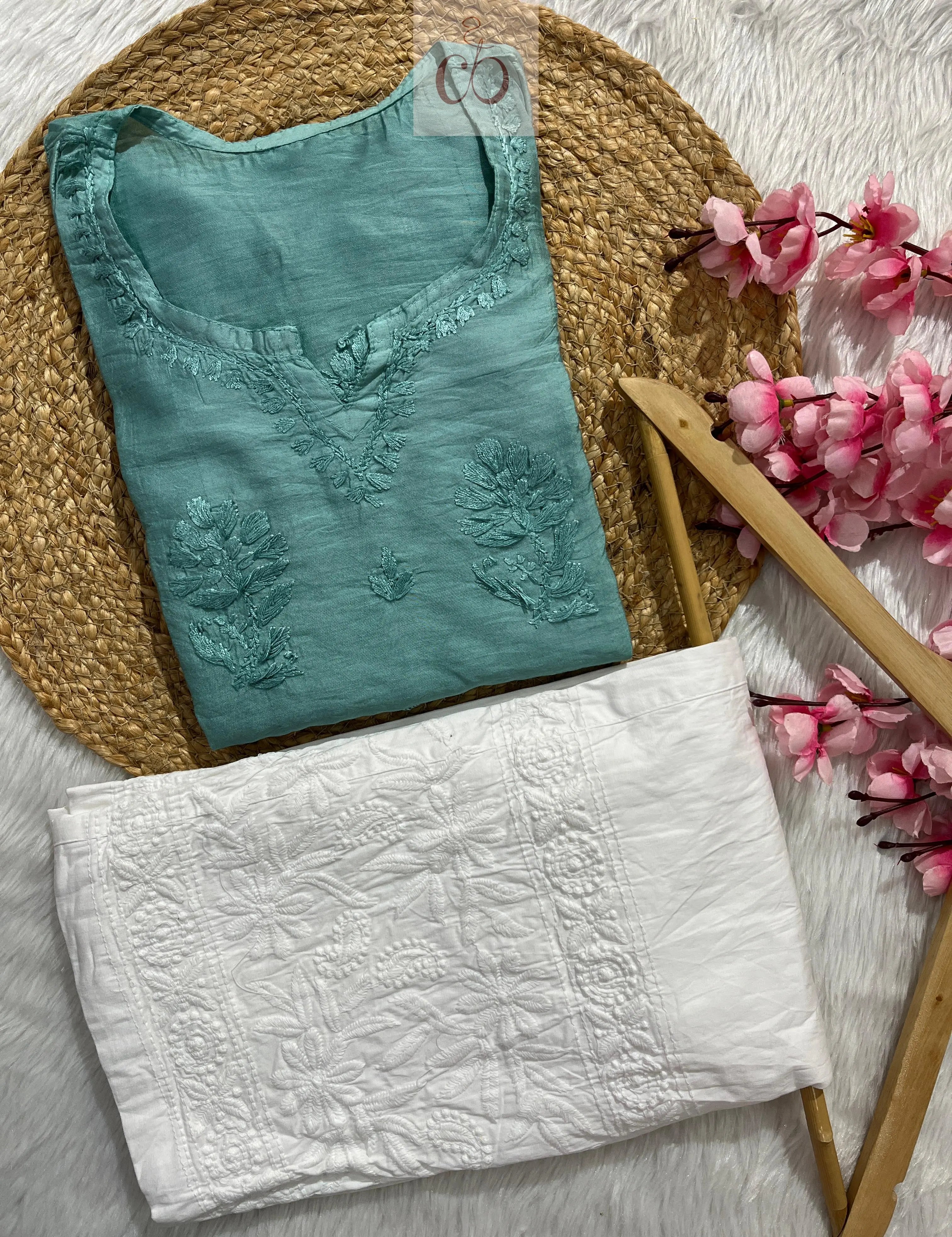 Chikankari Official 36 / teal Soft Chanderi Short atop