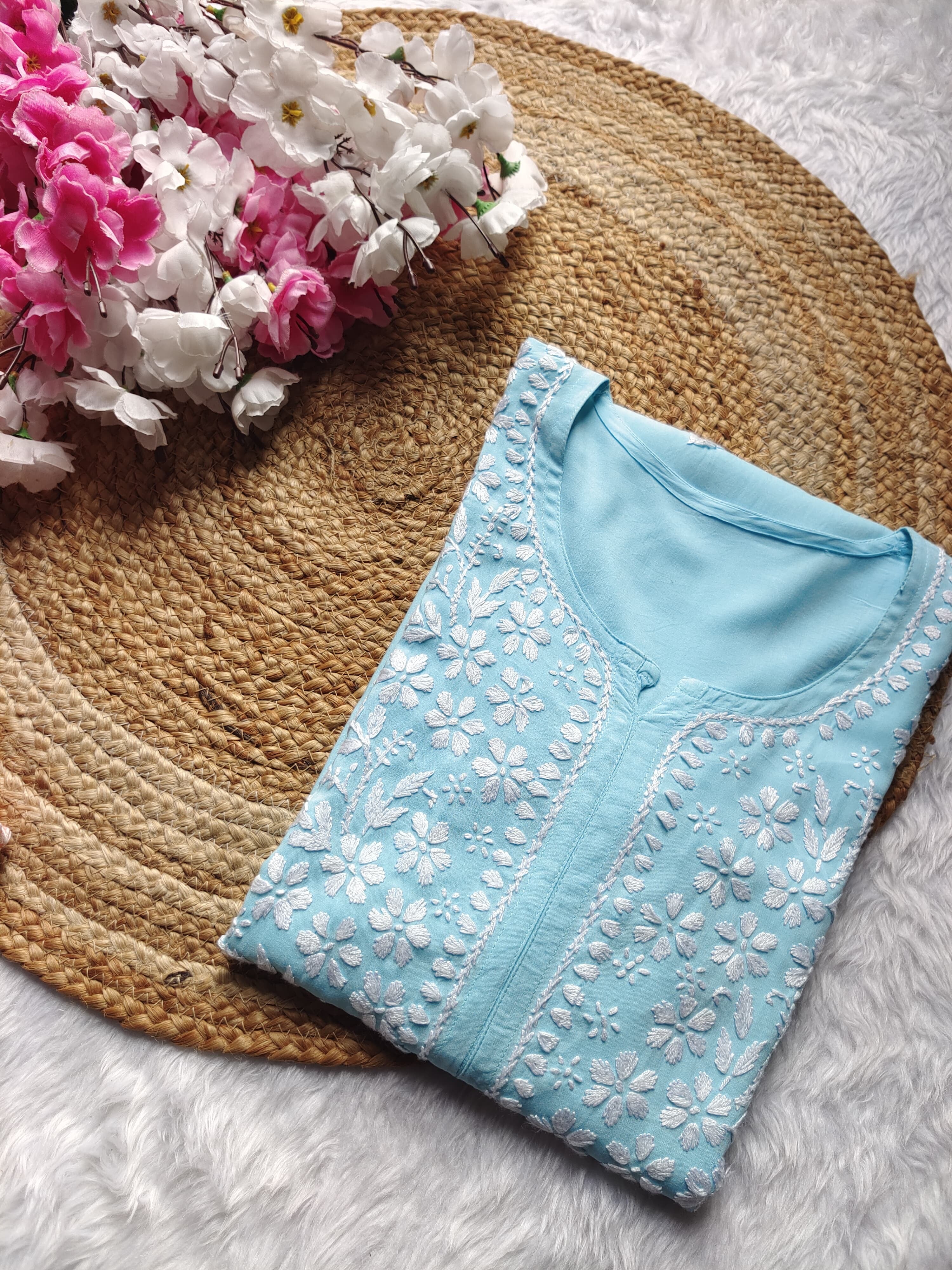 Chikankari Official 38 / blue Soft Modal Gala buti Kurti