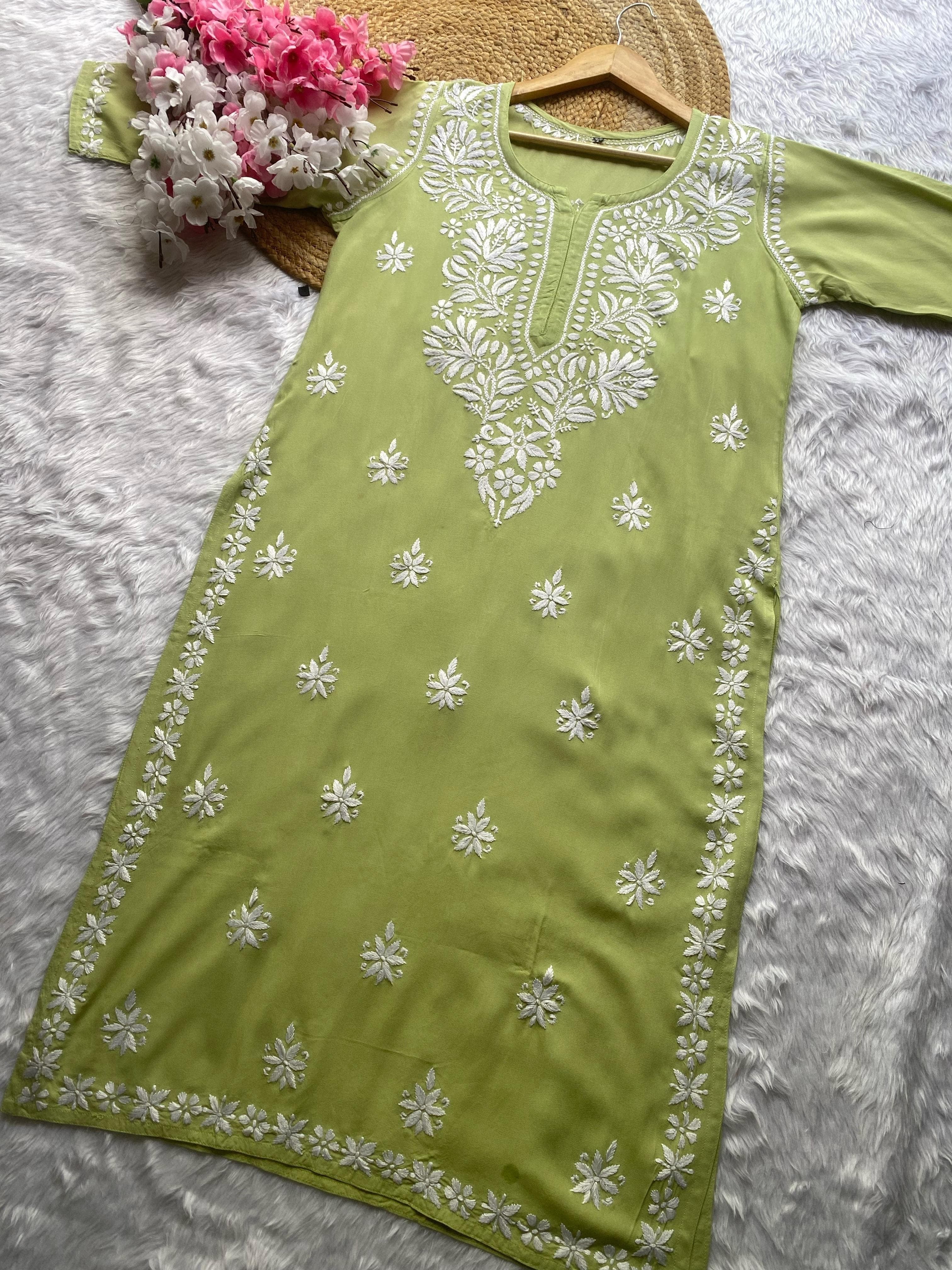 Chikankari Official 38 / green Rayon Gala Buti Chikankari Soft Kurti