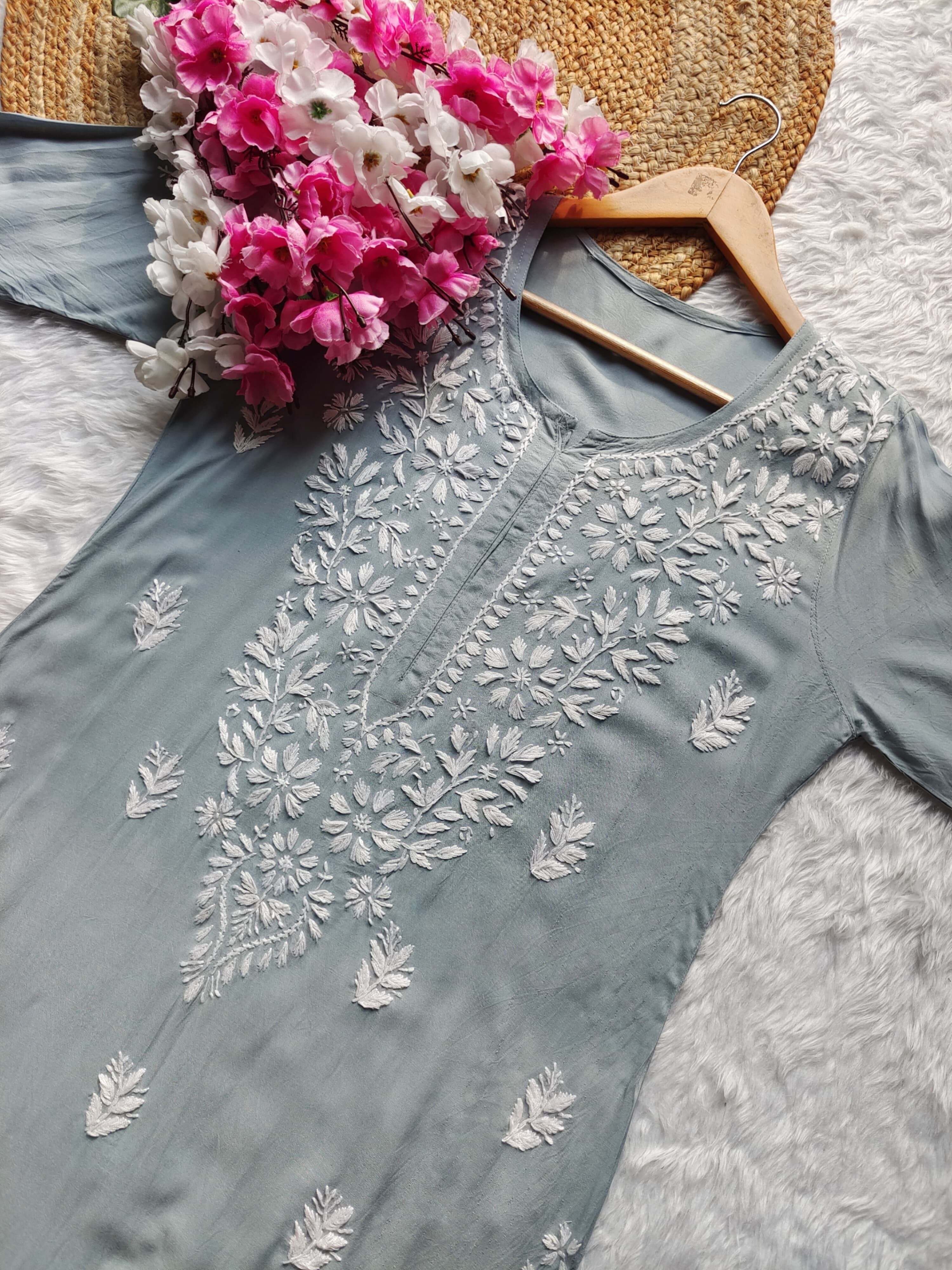 Chikankari Official 38 / grey Soft Modal Gala buti Kurti