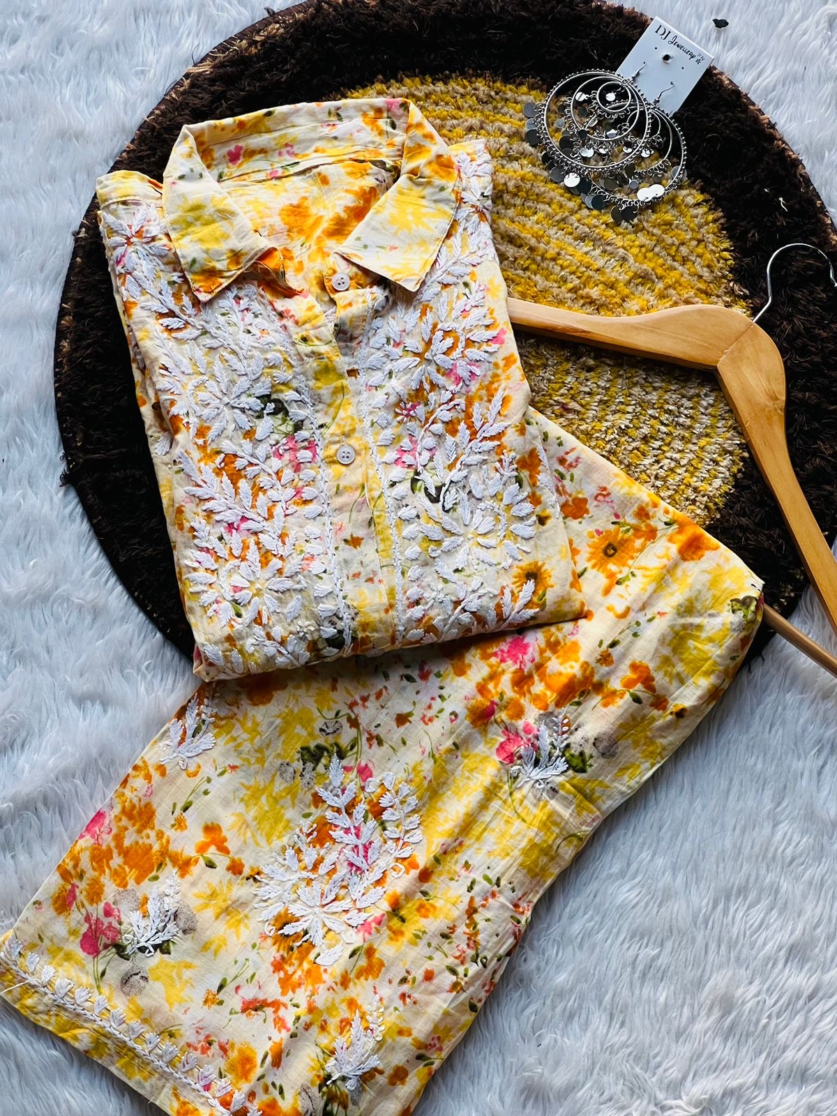 Chikankari Official 38 / yellow Beautiful Printed co-ord Designer Sleves Santoshi Special