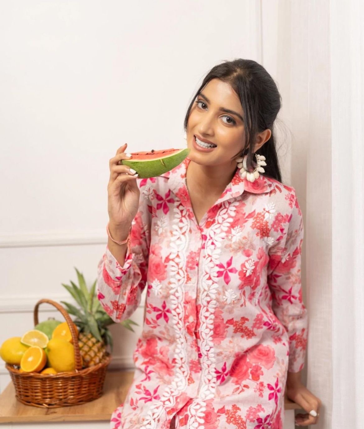 Chikankari Official Beautiful Printed co-ord Designer Sleves Santoshi Special