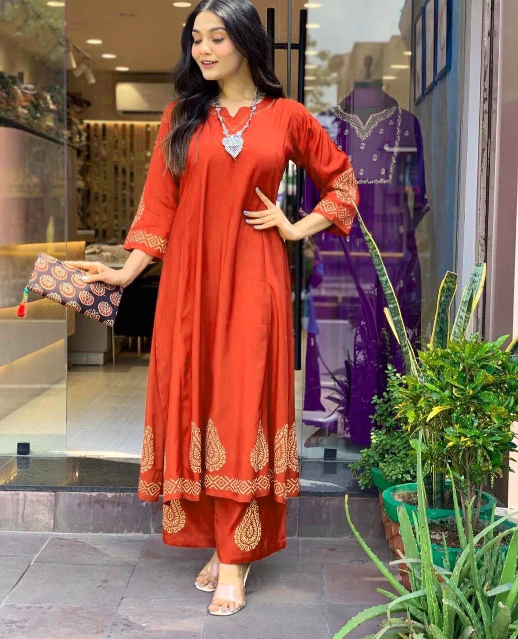 chikankariofficial Orange Kurta set