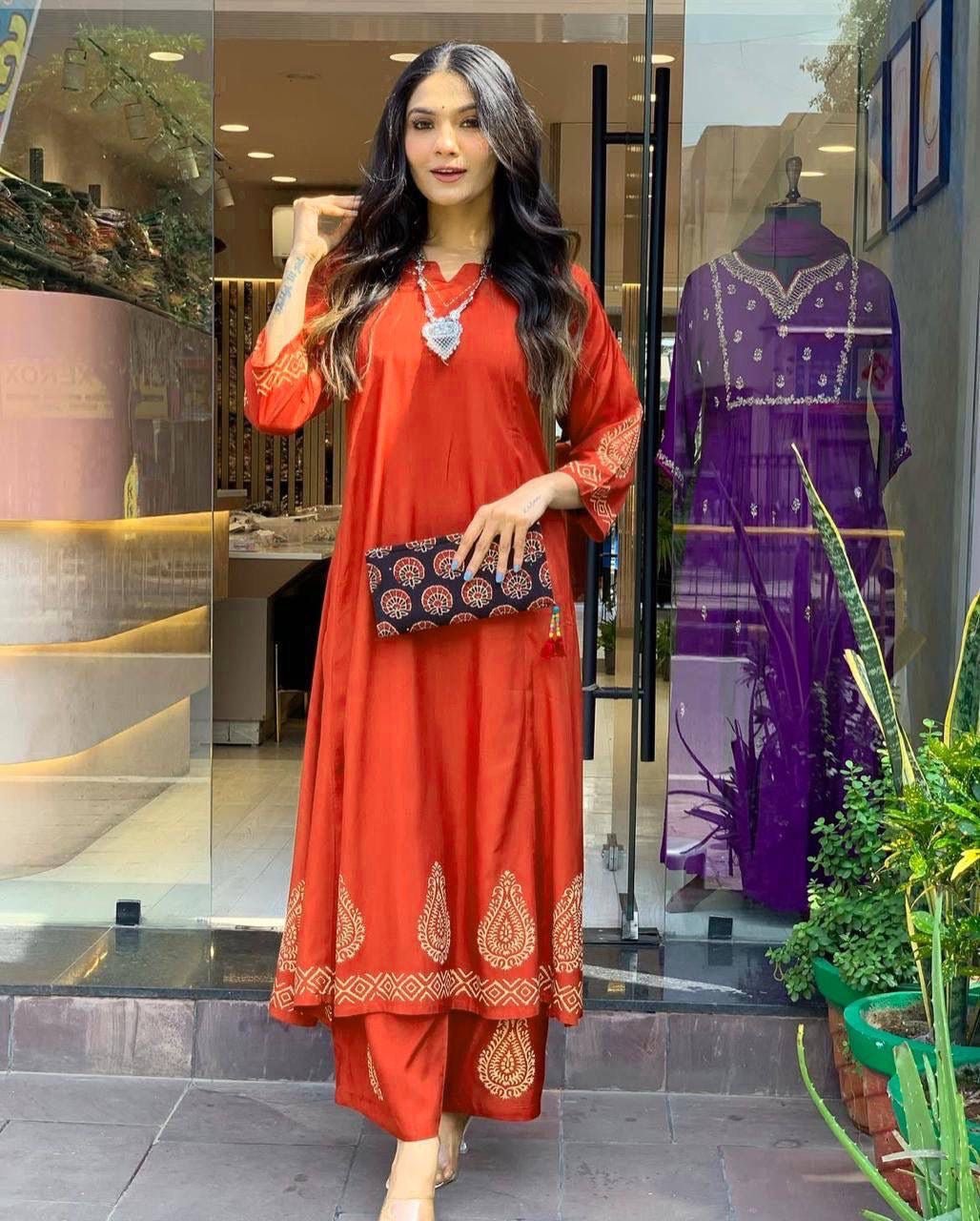 chikankariofficial Orange Kurta set