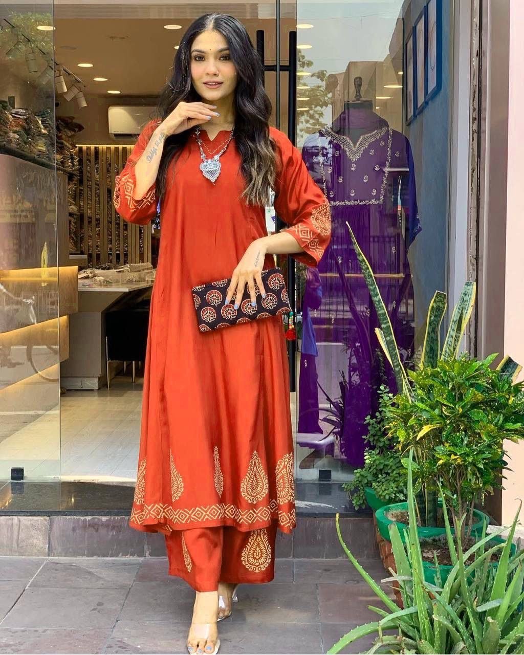 chikankariofficial Orange Kurta set