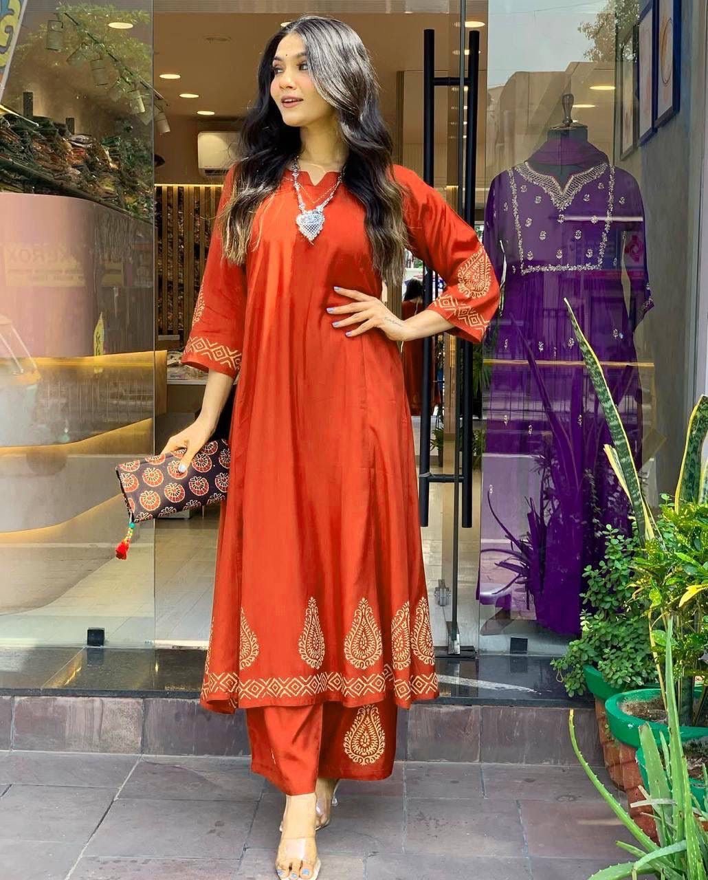 chikankariofficial Orange Kurta set