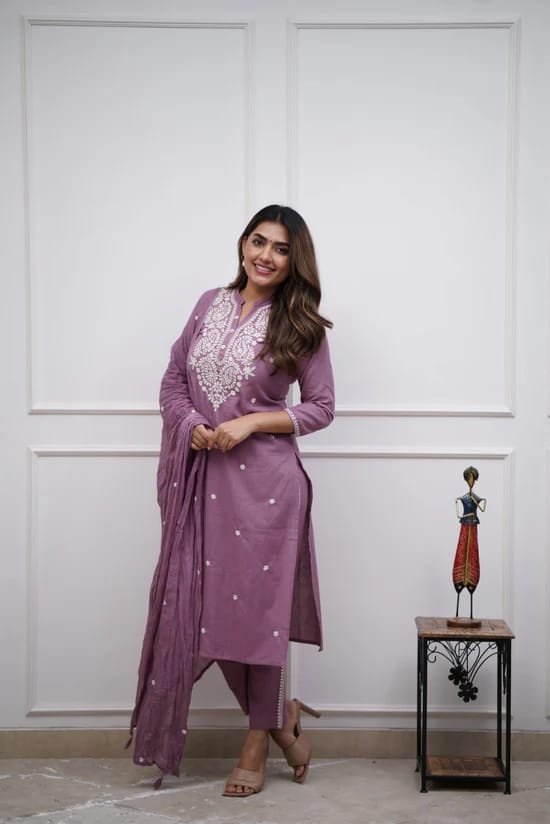 Embroidered Panel Worked Straight Cotton Kurta Set - chikankariofficial