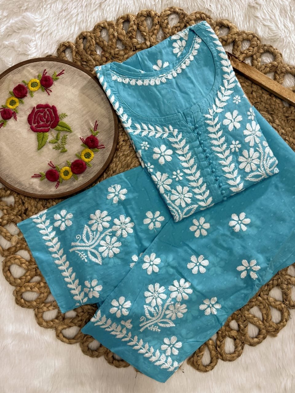 Exclusive DOBBY Nyra Cut kurti & pant in a combination of matching Set - chikankariofficial