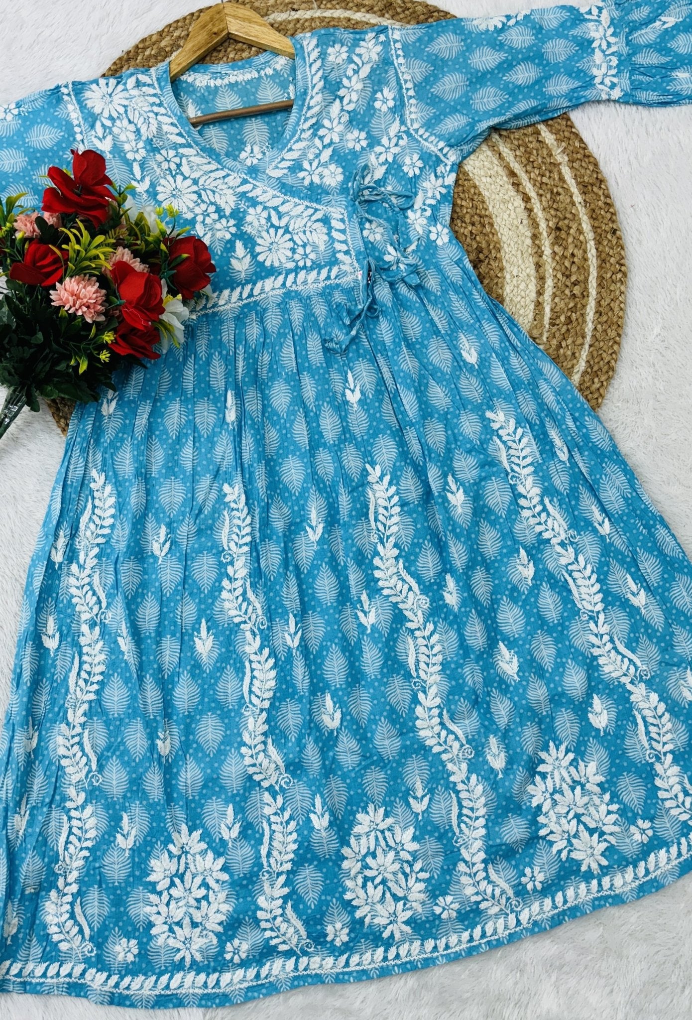 Ghas patti hand work Angrakha Gown - chikankariofficial