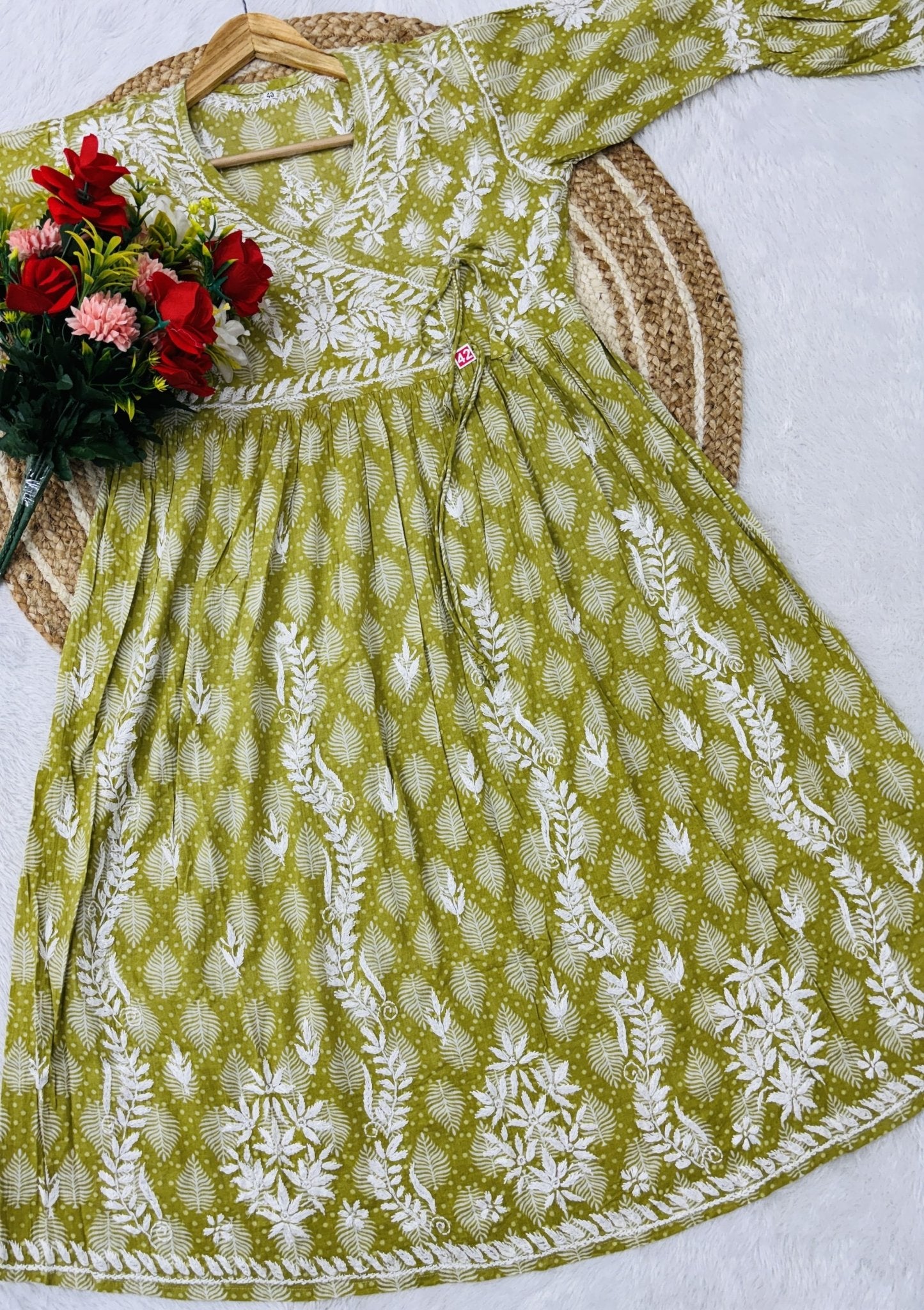 Ghas patti hand work Angrakha Gown - chikankariofficial