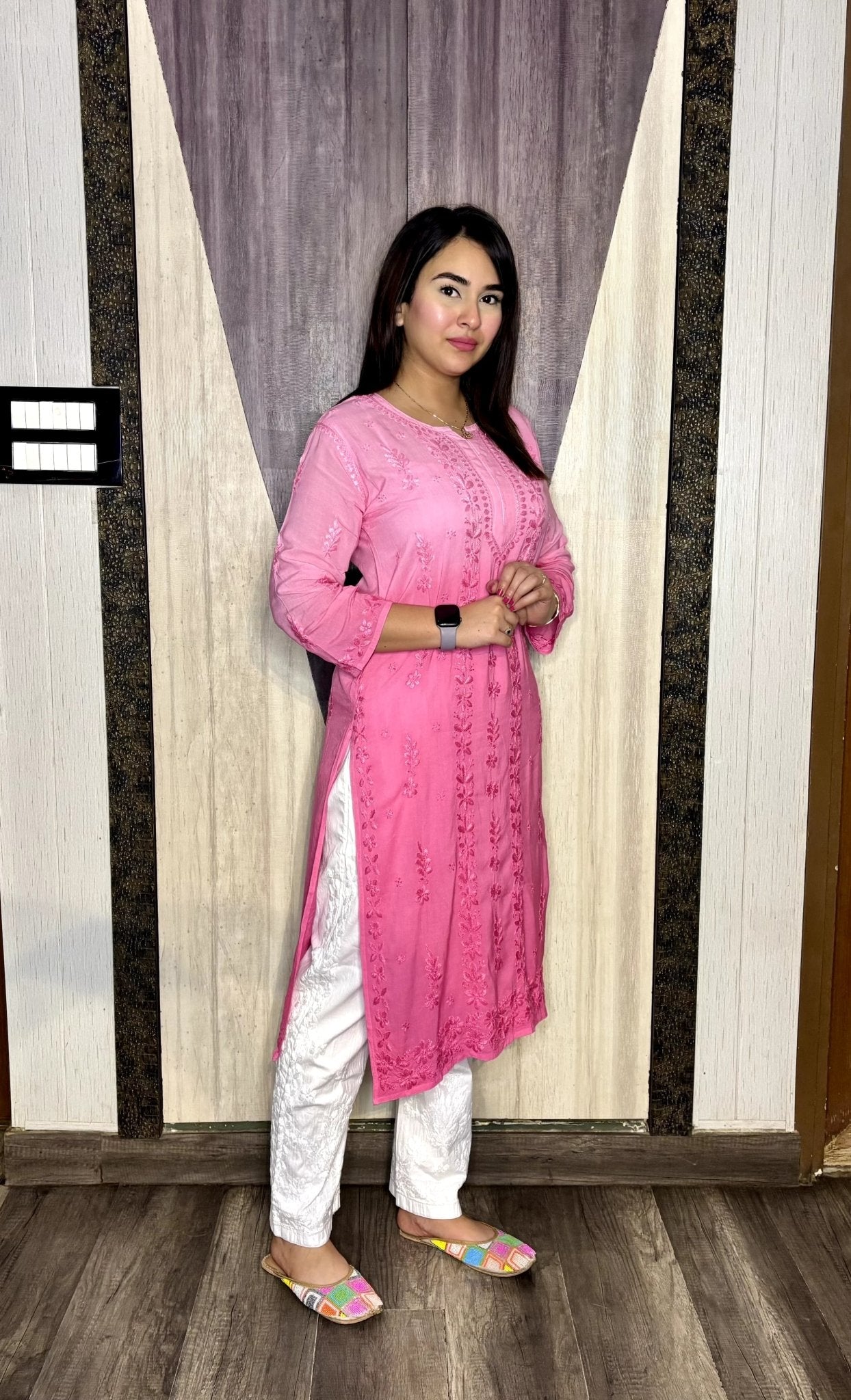 Ghass Patti Chhadi Hand Work Dual Shades Kurti & Lycra Stechble Pant - chikankariofficial