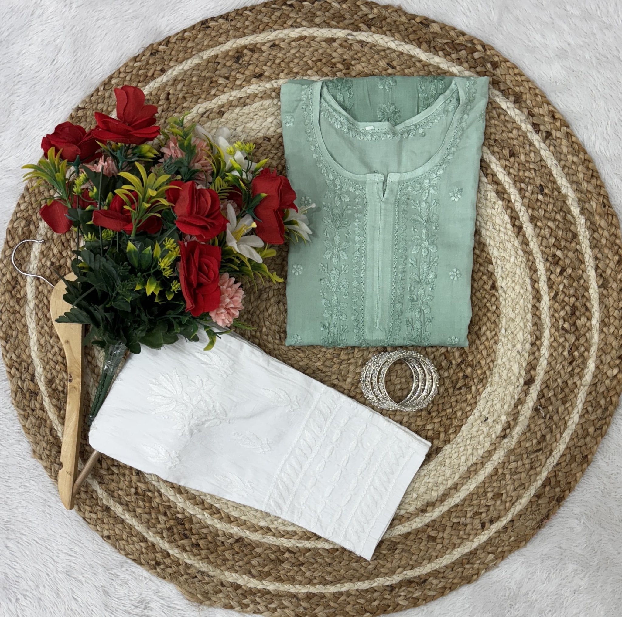 Ghass Patti Chhadi Hand Work Dual Shades Kurti & Lycra Stechble Pant - chikankariofficial