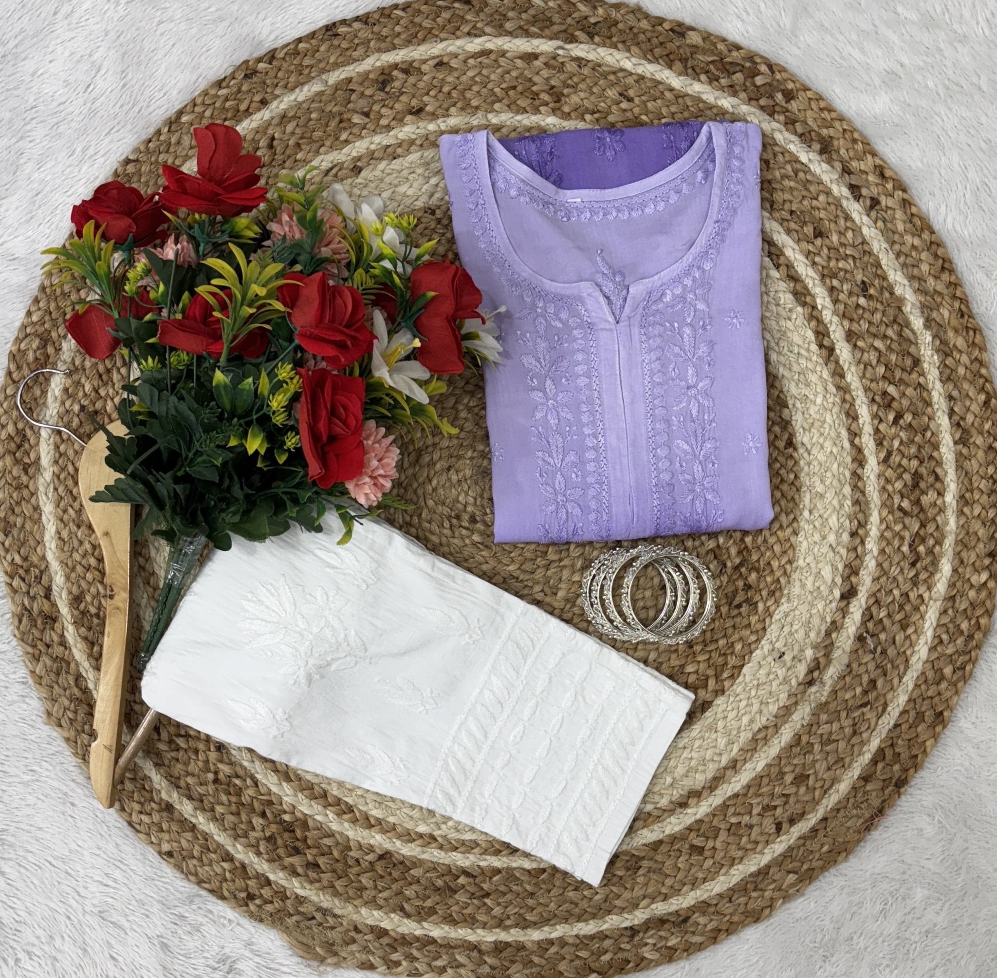 Ghass Patti Chhadi Hand Work Dual Shades Kurti & Lycra Stechble Pant - chikankariofficial