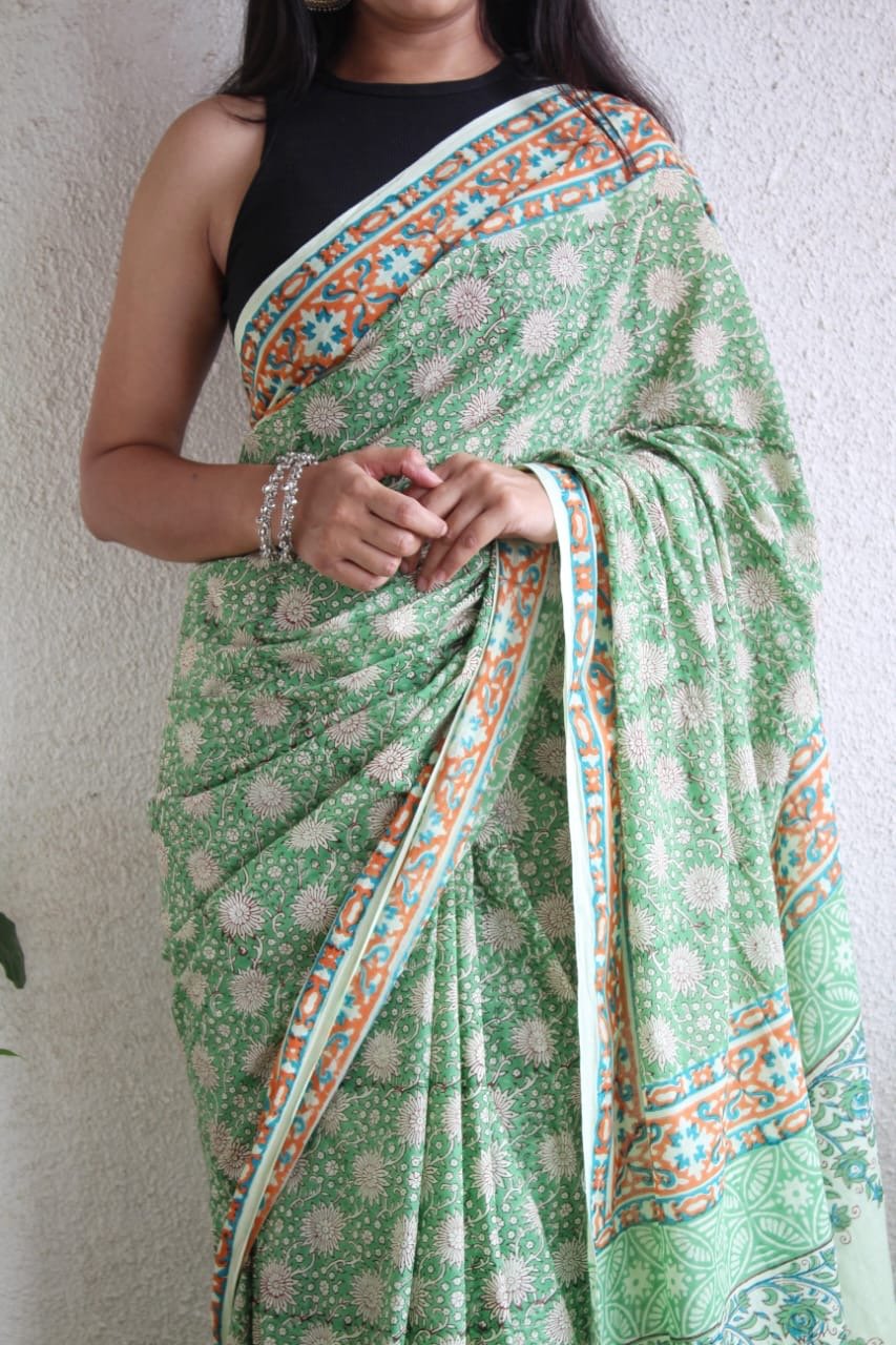 Hand Block Printed Saree - chikankariofficial