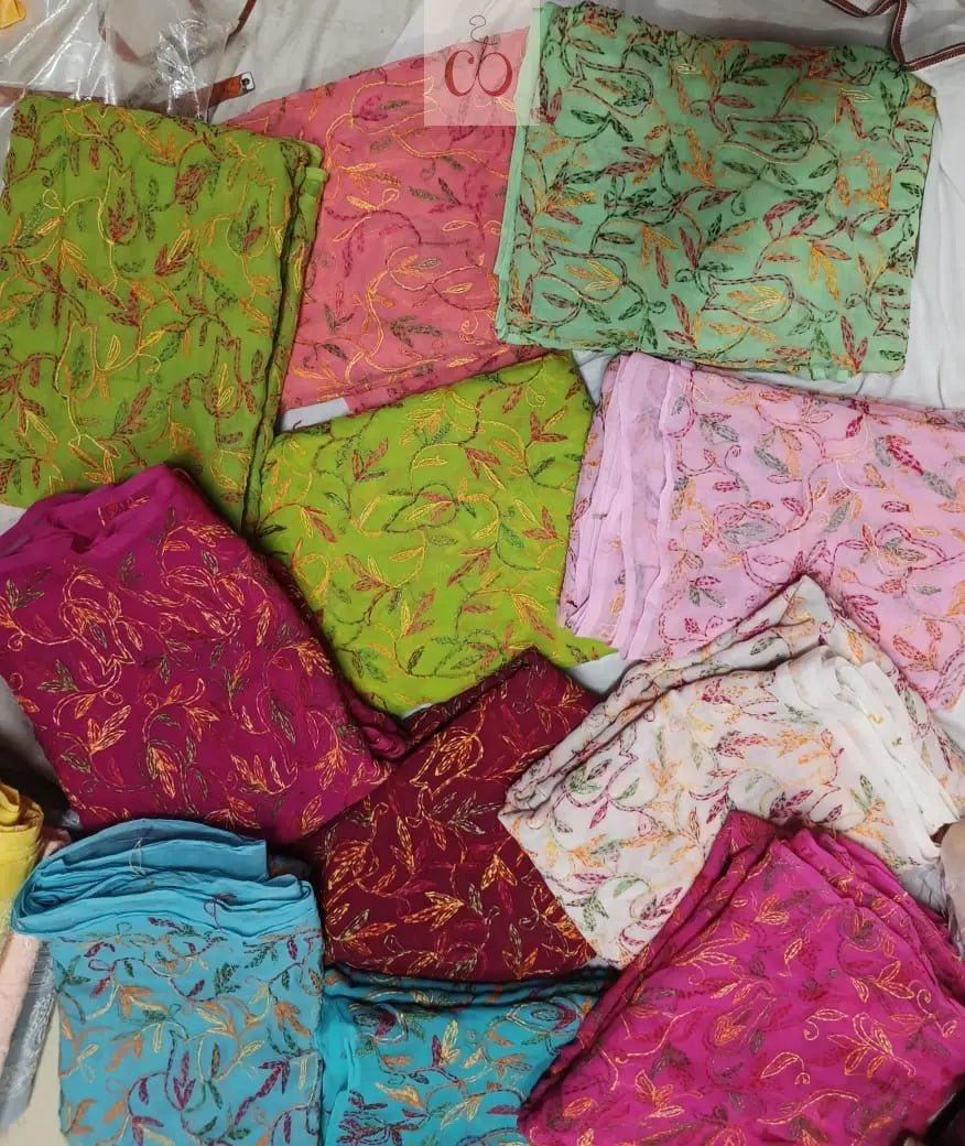 Handworked Chiffon Georgette Tepchi jaal thread Multicolor Saree With Blouse - chikankariofficial