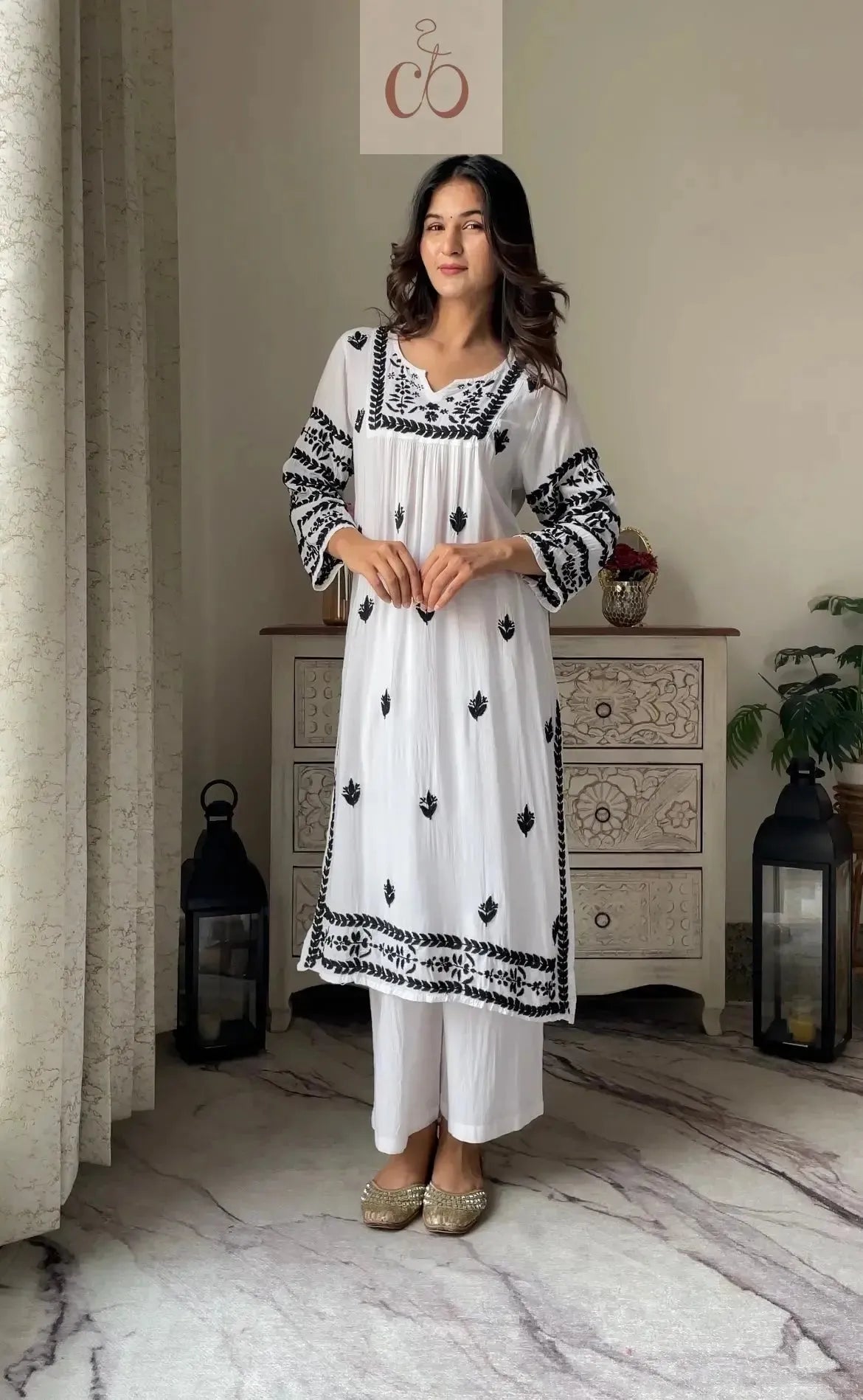 Nyra White With Black Thread Of Chikankari Combo With Pant ( Deepa & Swati Special )