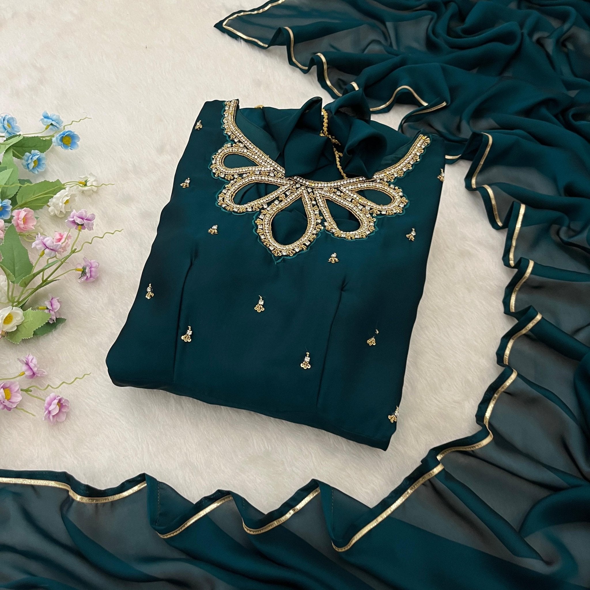 Rangoli Georgette Gown 3pc set - chikankariofficial