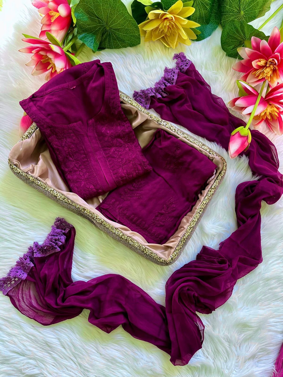 Rayon dyed Soft touch Handwork Kurti sets 3pc - chikankariofficial