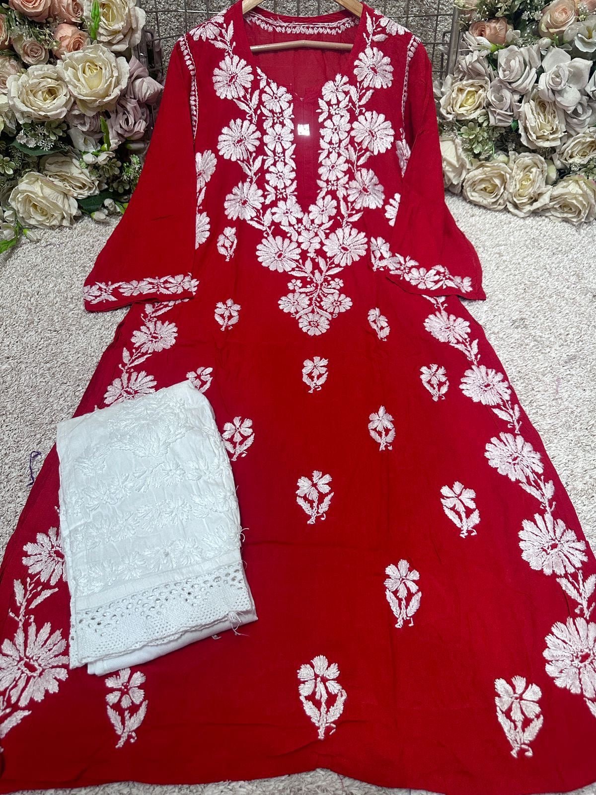 Side rose Bell Modal Kurta - chikankariofficial