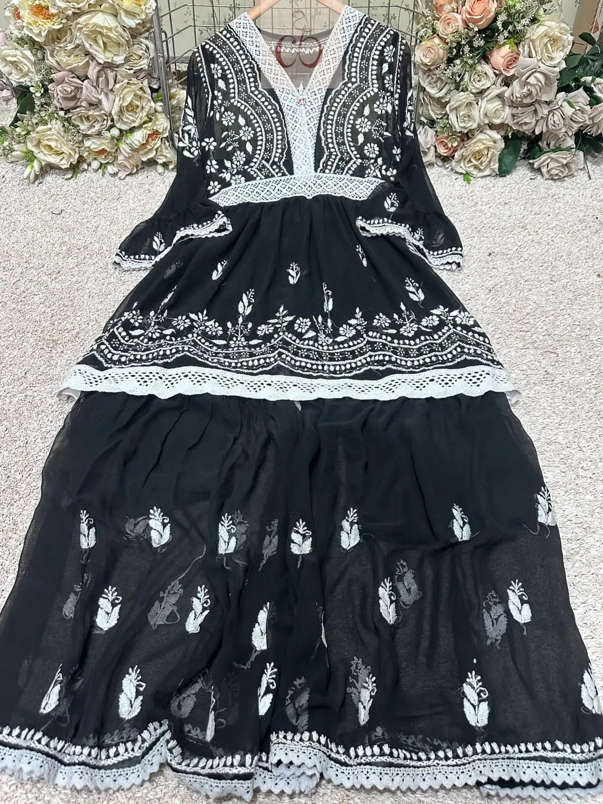 V Lace Chikankari Gharara set - chikankariofficial