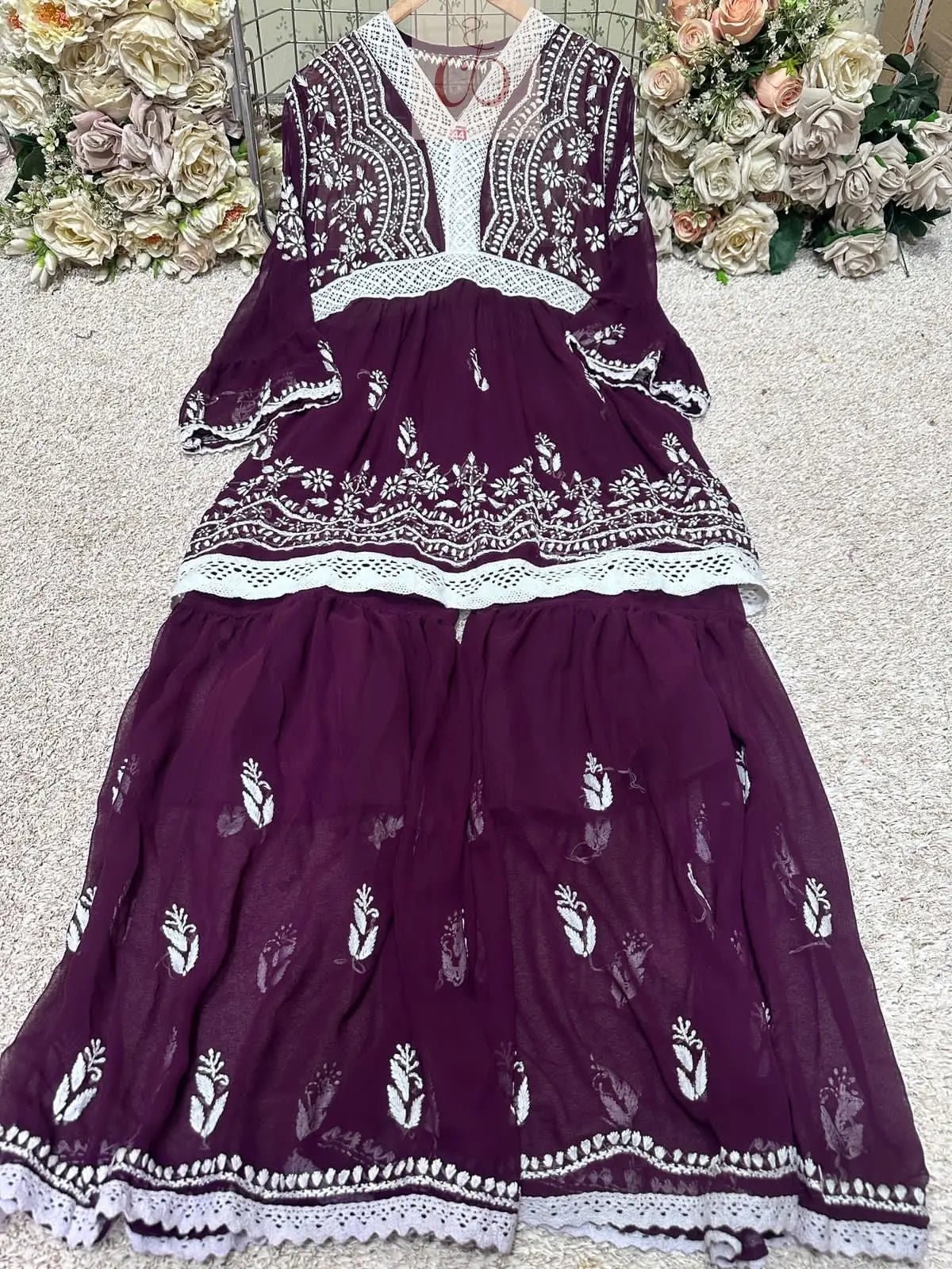 V Lace Chikankari Gharara set - chikankariofficial