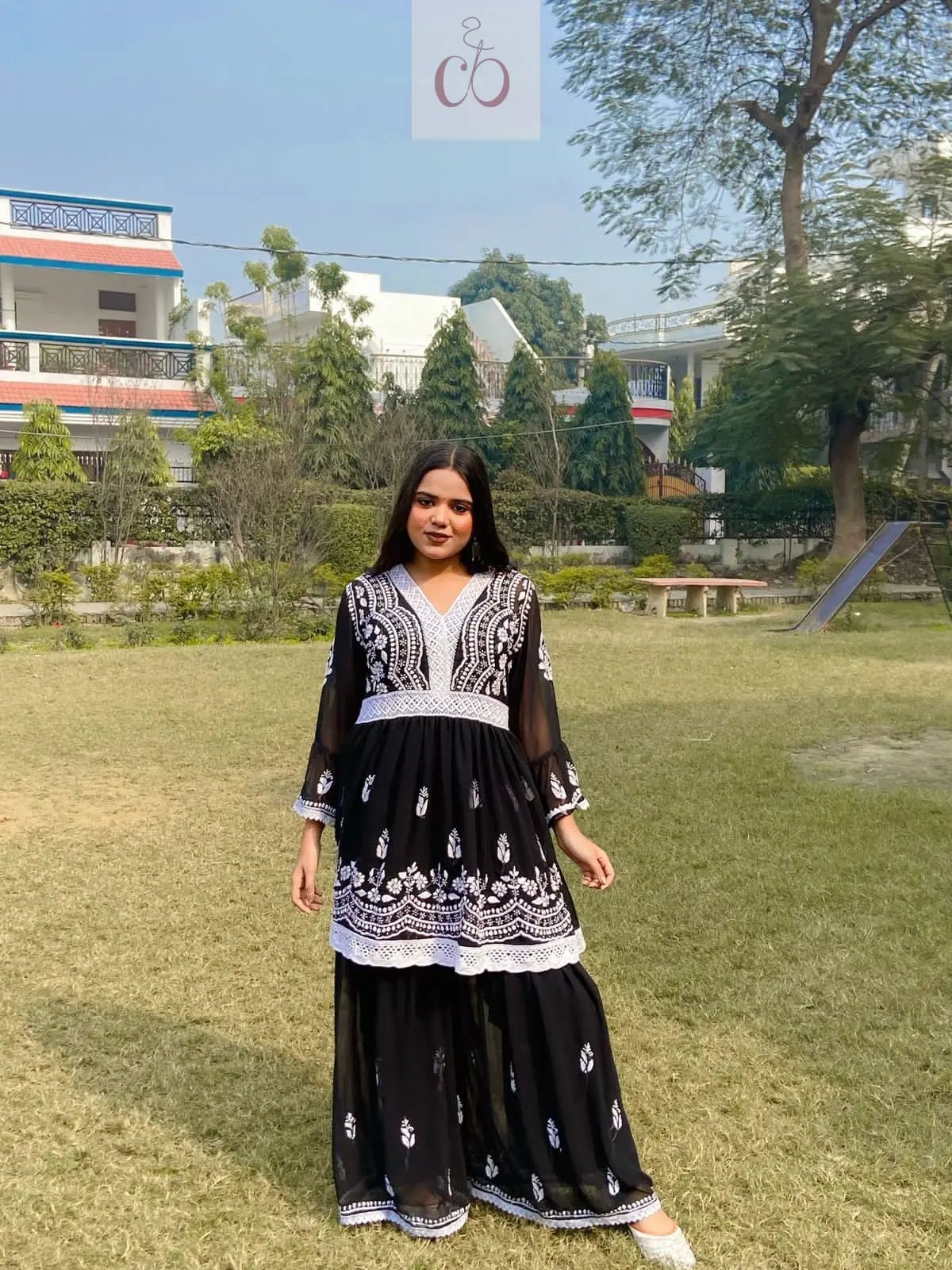 V Lace Chikankari Gharara set - chikankariofficial