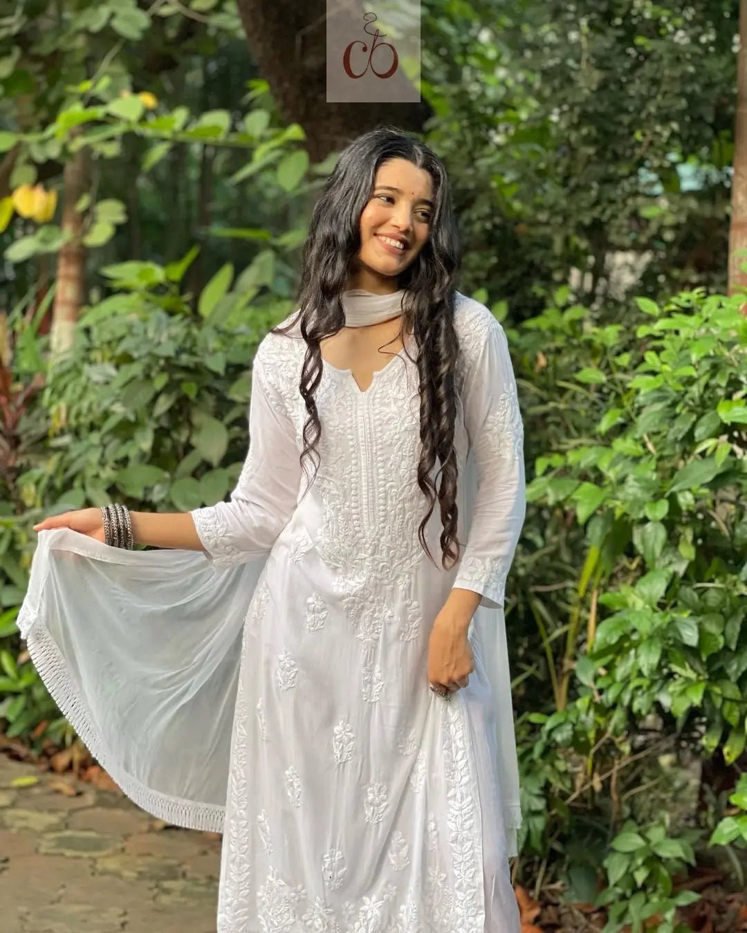 Harshita White Modal Cotton Chikankari 3pc Set