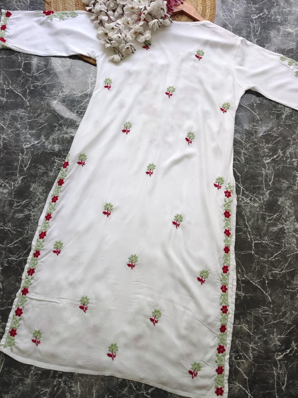 Designer white kurta with dual colour thread fine chikankari work