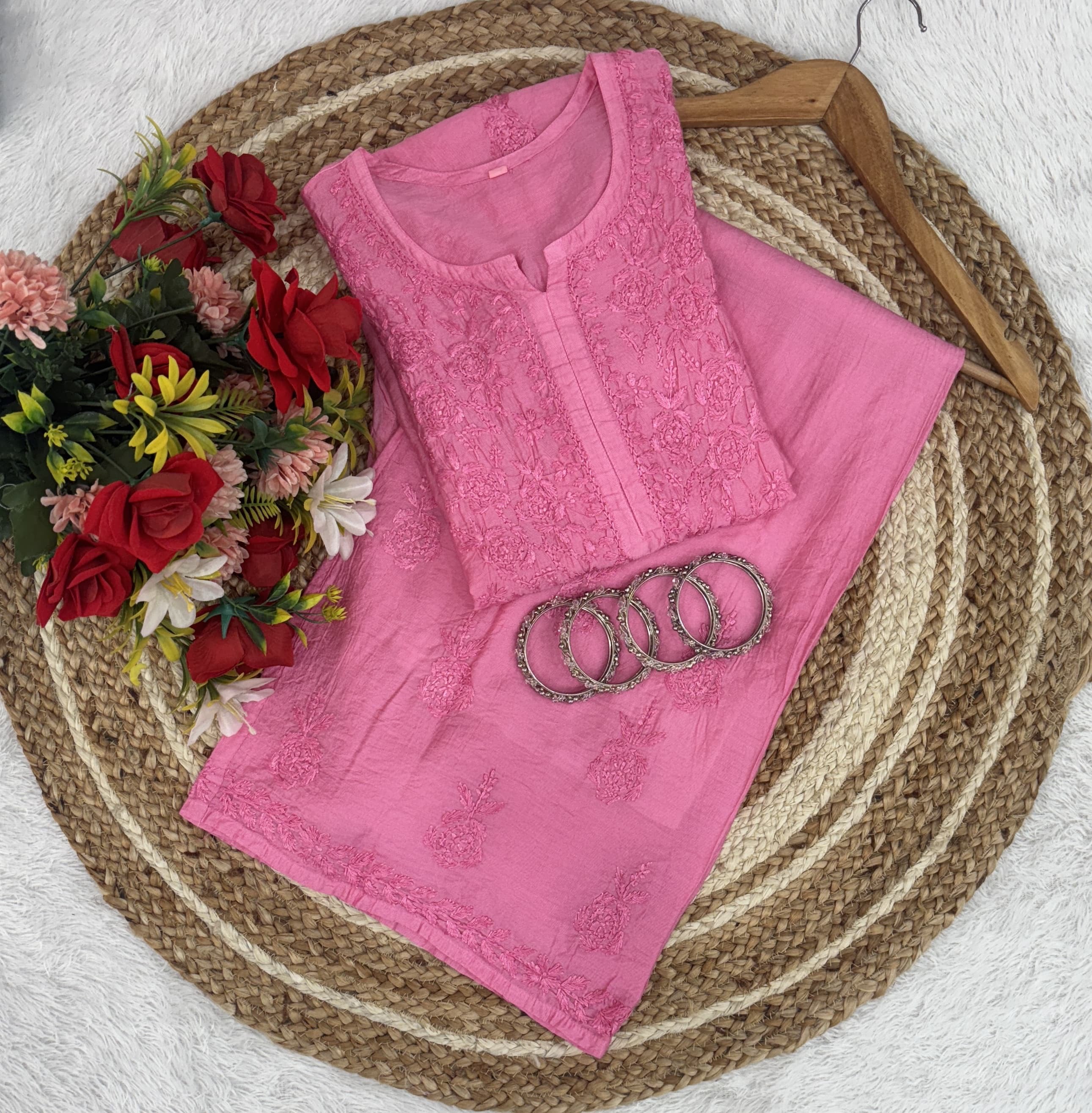 Lucknowi Chikankari Chanderi Rose Design Kurti & Plazo Set