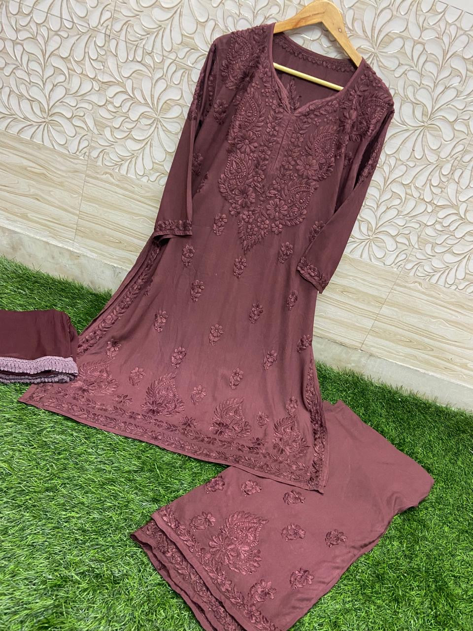 3D Work Plazzo Set Premium Heavy silky Reyon Kurti Plazzo Dupatta Set