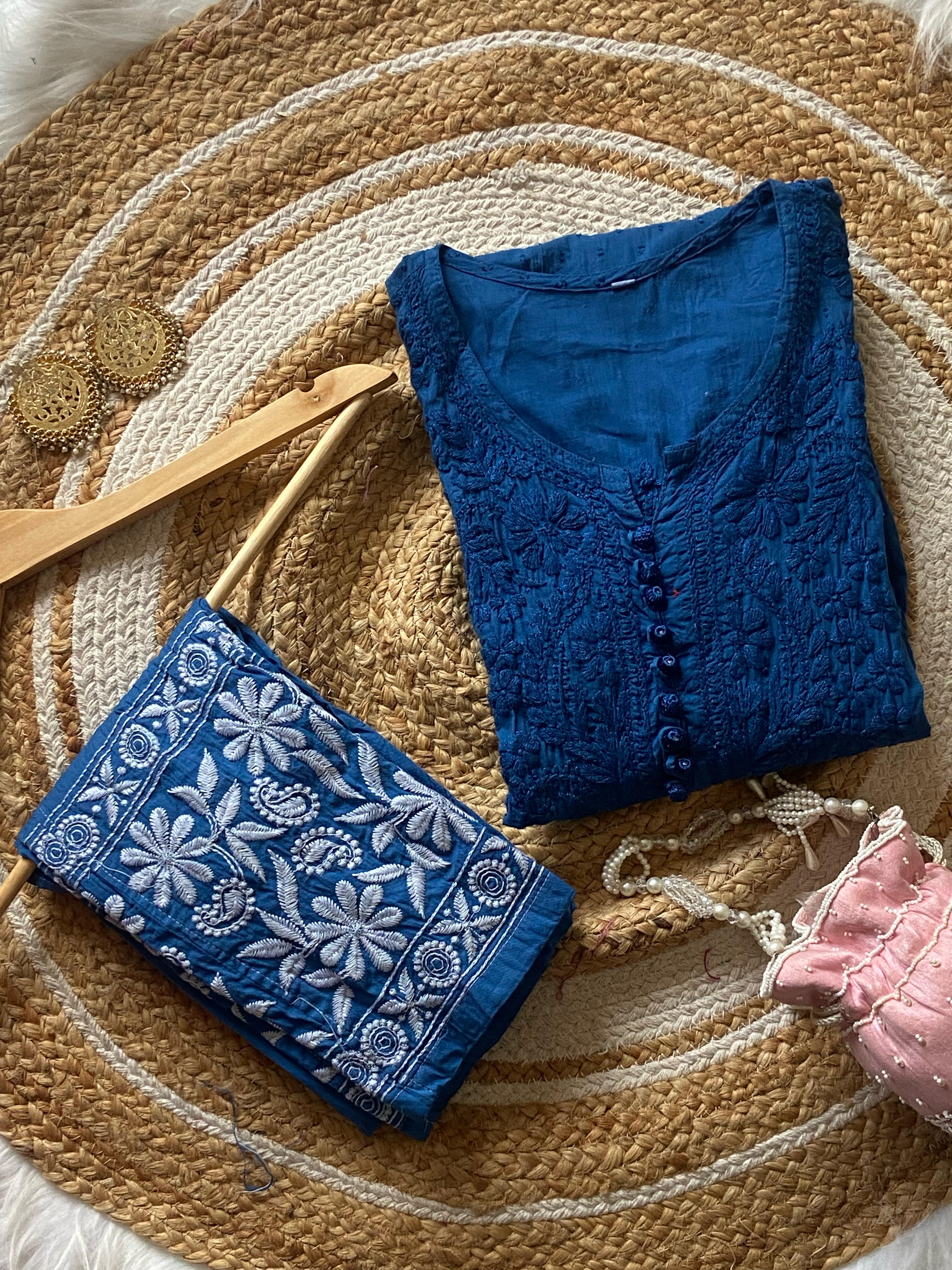 Noor Dobby Cotton Dyed Kurti With White embroidered Pant