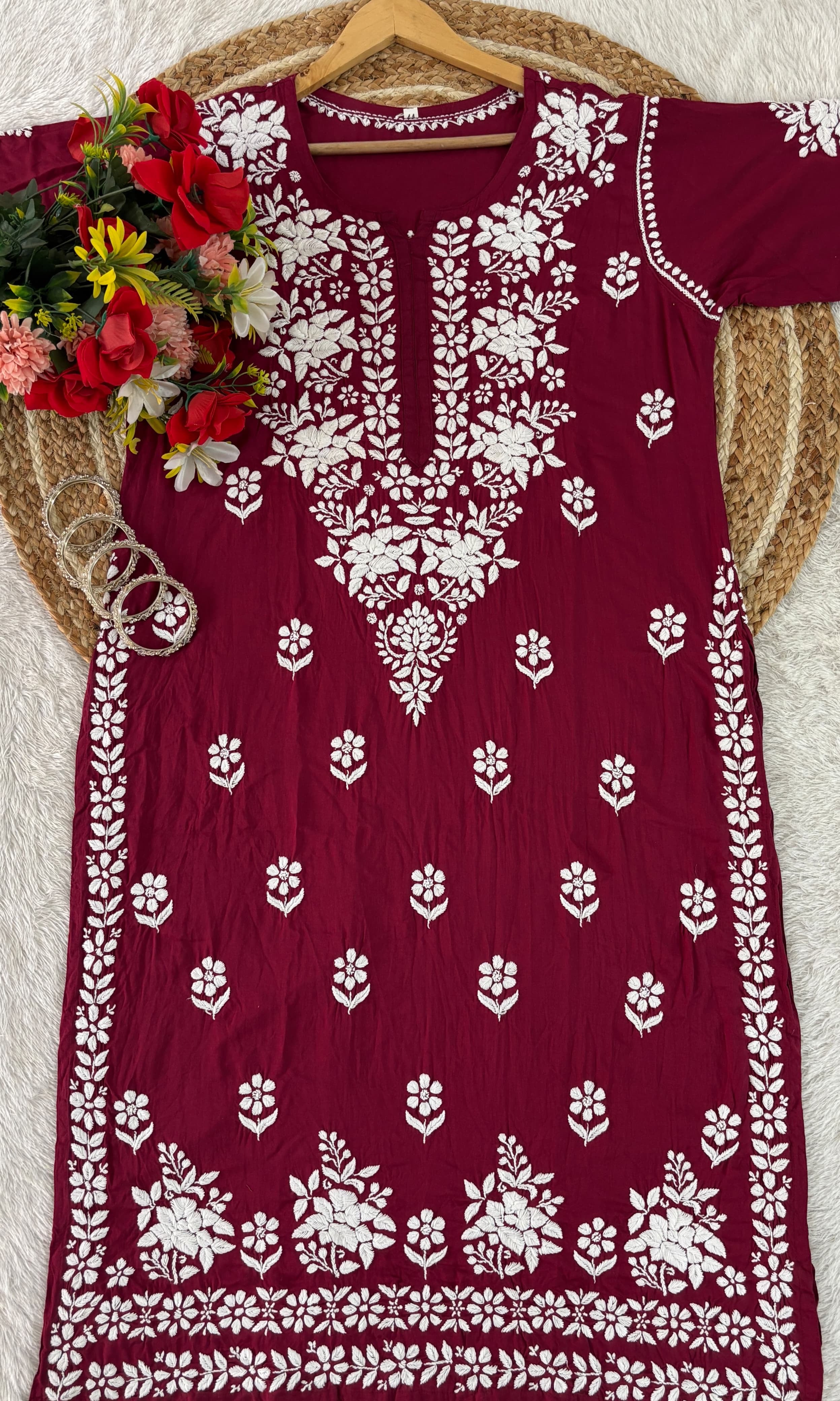 Lucknowi Chikankari Polister Thread Beautiful Ghas Patti Hand Modal Kurti