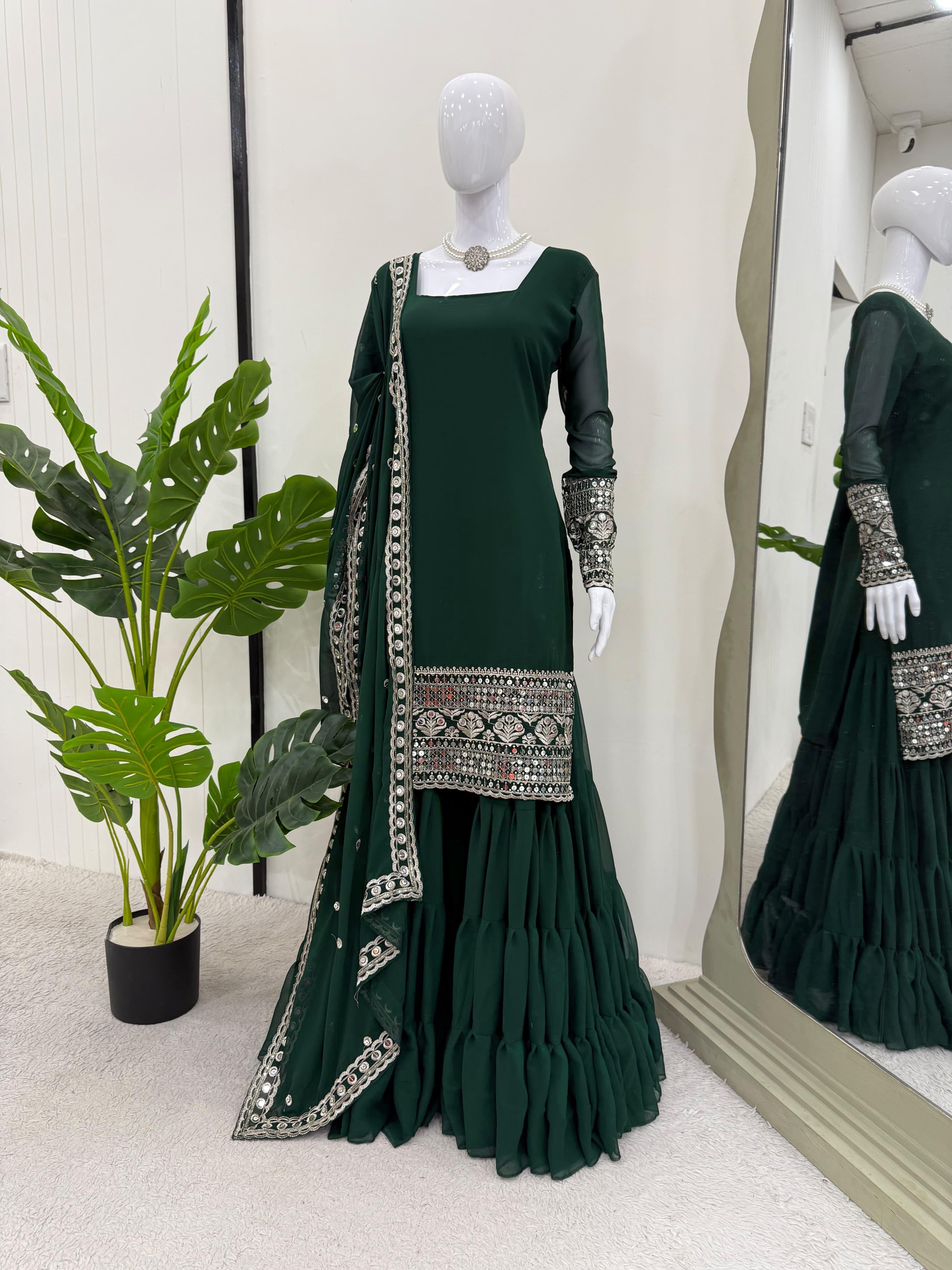 Zaiba 3pc Royal Green Foux georgette’s set