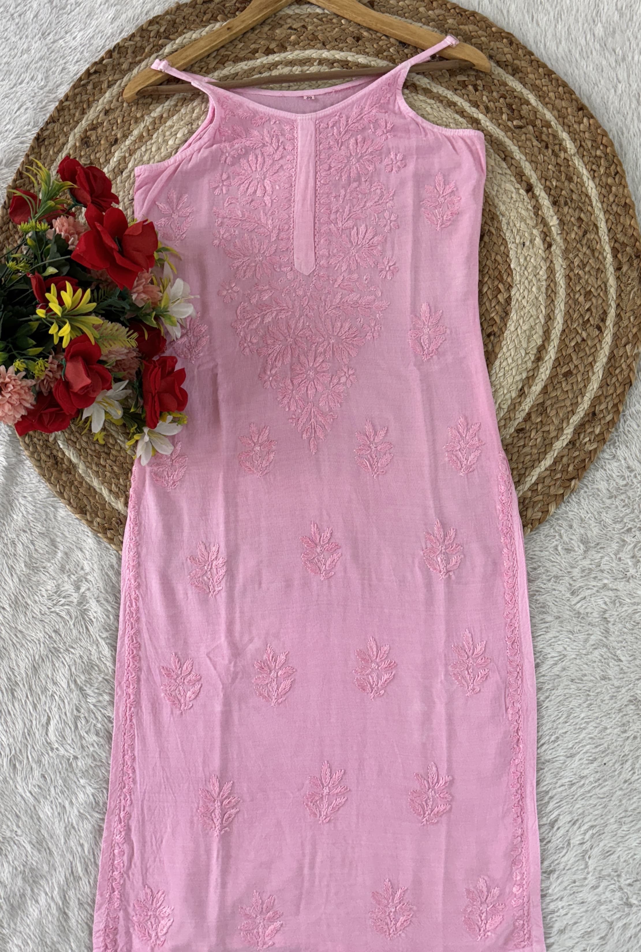 Ghass patti Hand Work sleevless Rayon long top