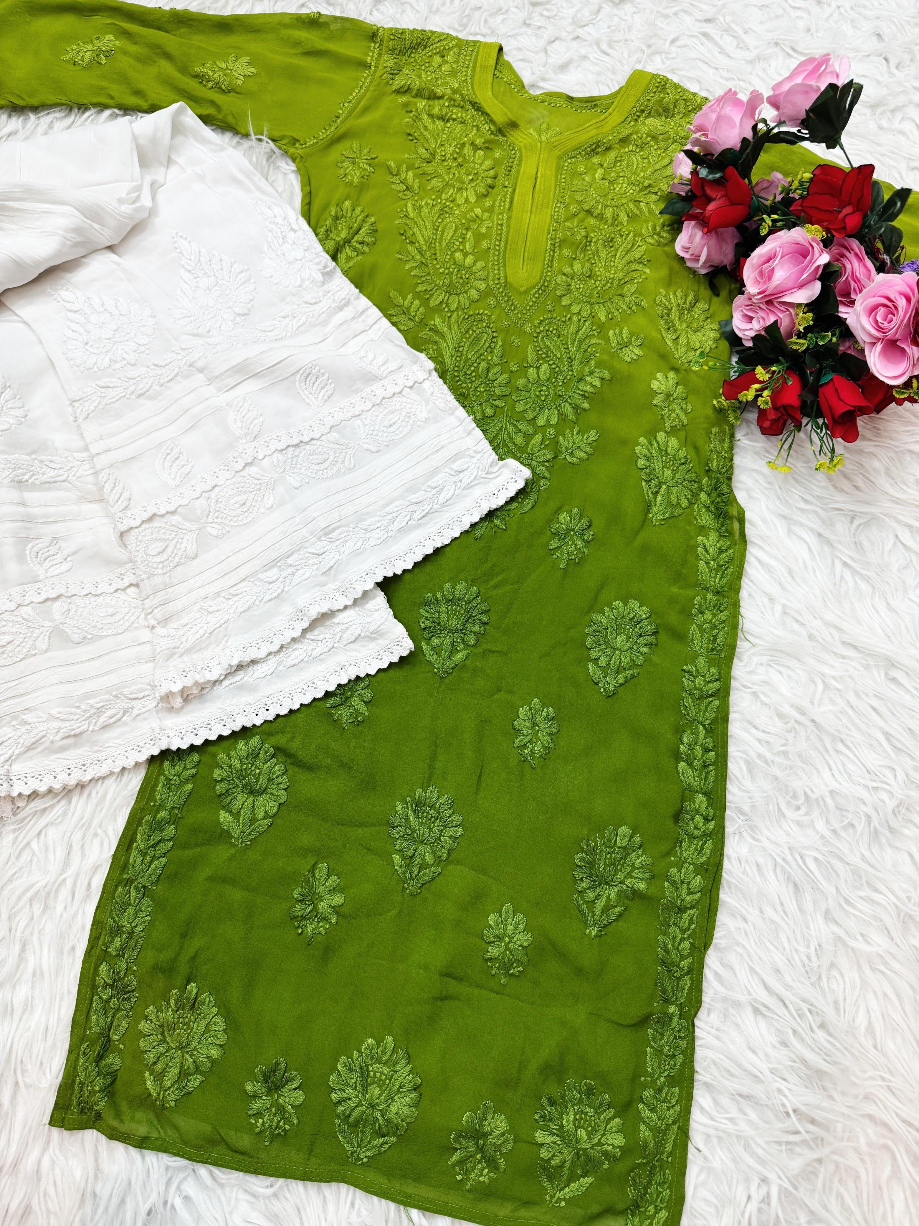 3d Lucknowi Ghaspatti Pure handwork Viscose Kurta with inner