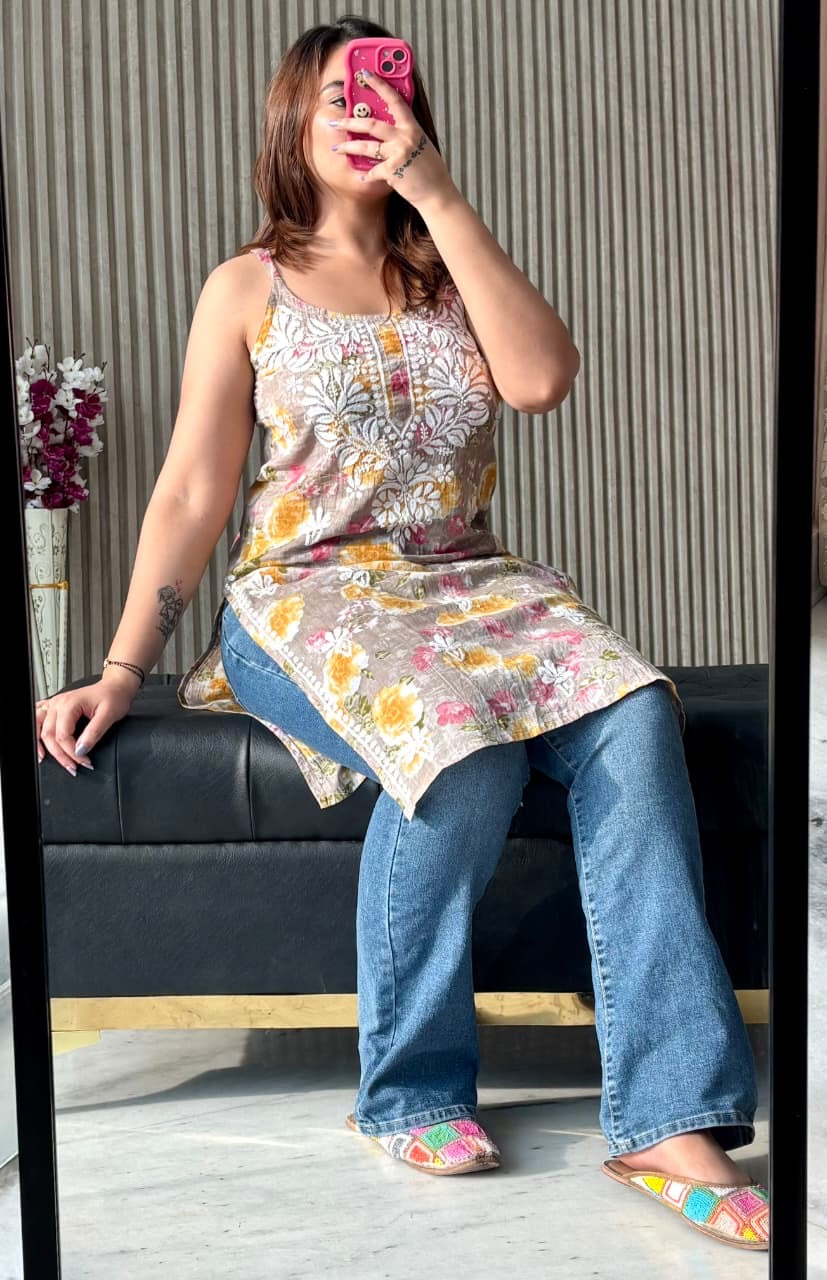 Mul printed noodle strap Top