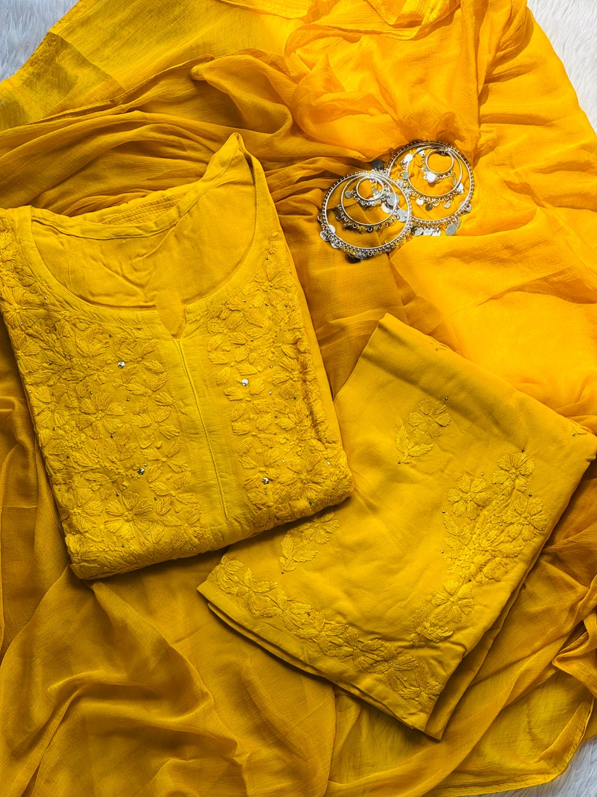 Zoya 3pc Set Golden Muqaish Work Chikankari Hand worked