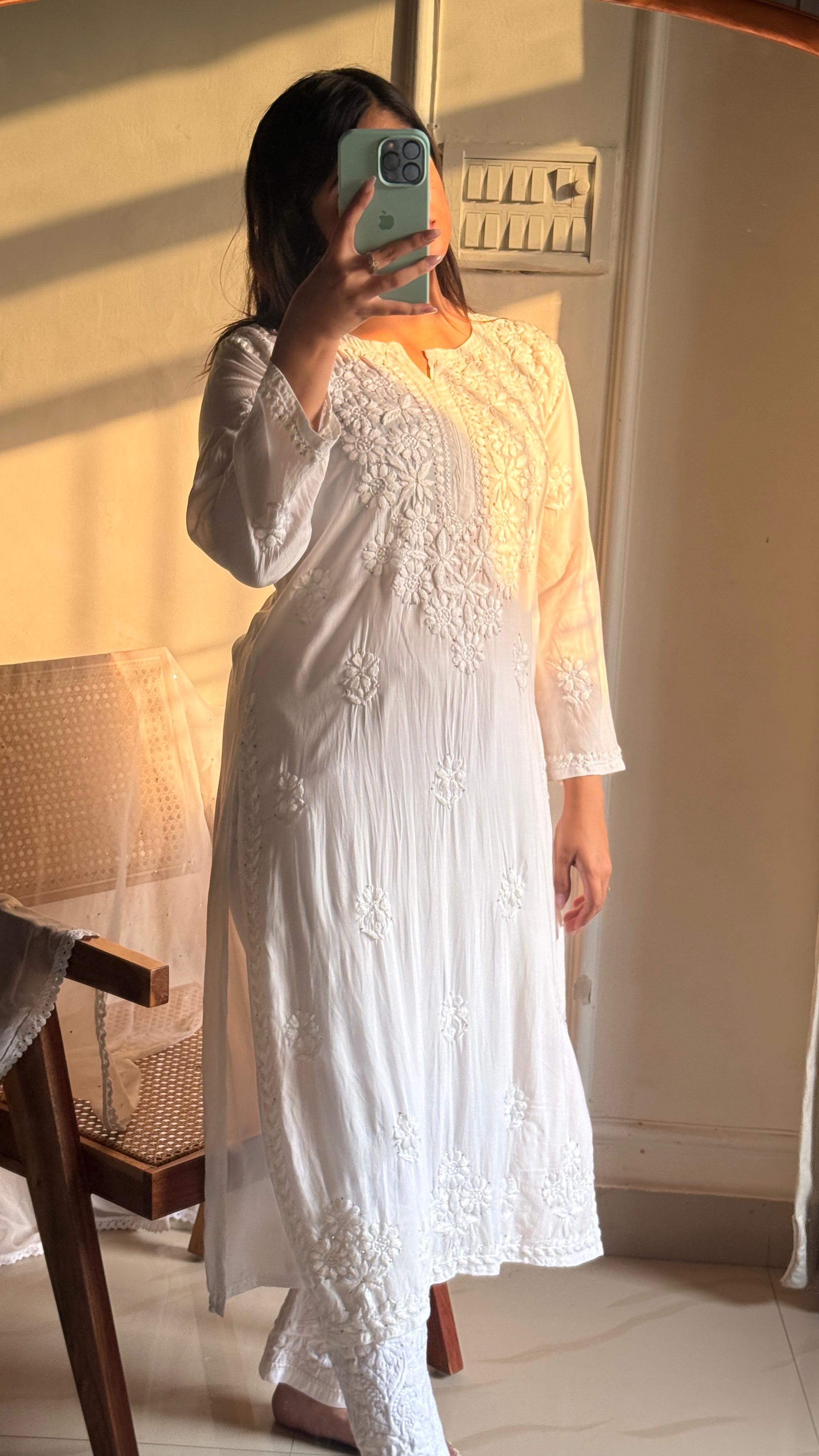 Heavy Work Modal Muqaish 3pc White Set