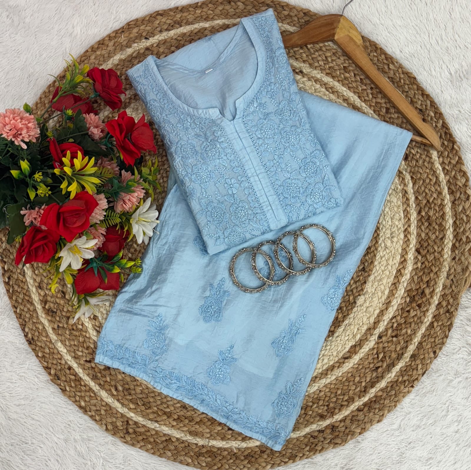 Lucknowi Chikankari Chanderi Rose Design Kurti & Plazo Set