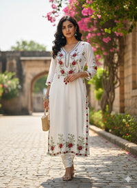 Designer white kurta with dual colour thread fine chikankari work