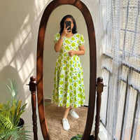 Green Flower ikkat print Cotton Full Flair Middy Gown