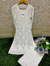 3D Work Plazzo Set Premium Heavy silky Reyon Kurti Plazzo Dupatta Set