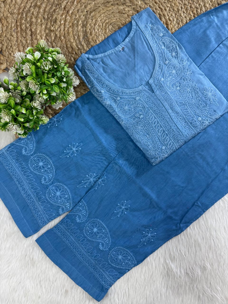 Soft Dual Machine work Shaded Kurti Set