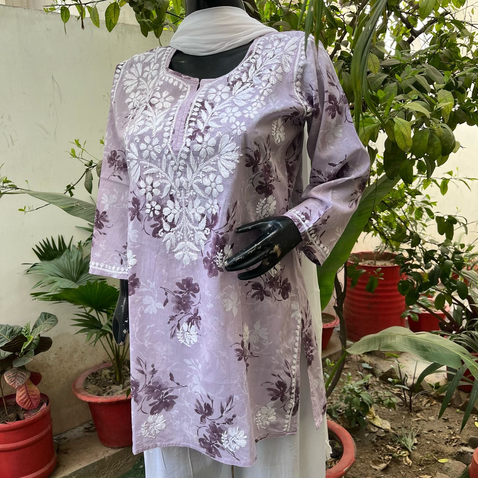 Latest Mul print chikankari Short Top