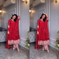 Red Aliya Cut Gown with Plazzo & Dupatta